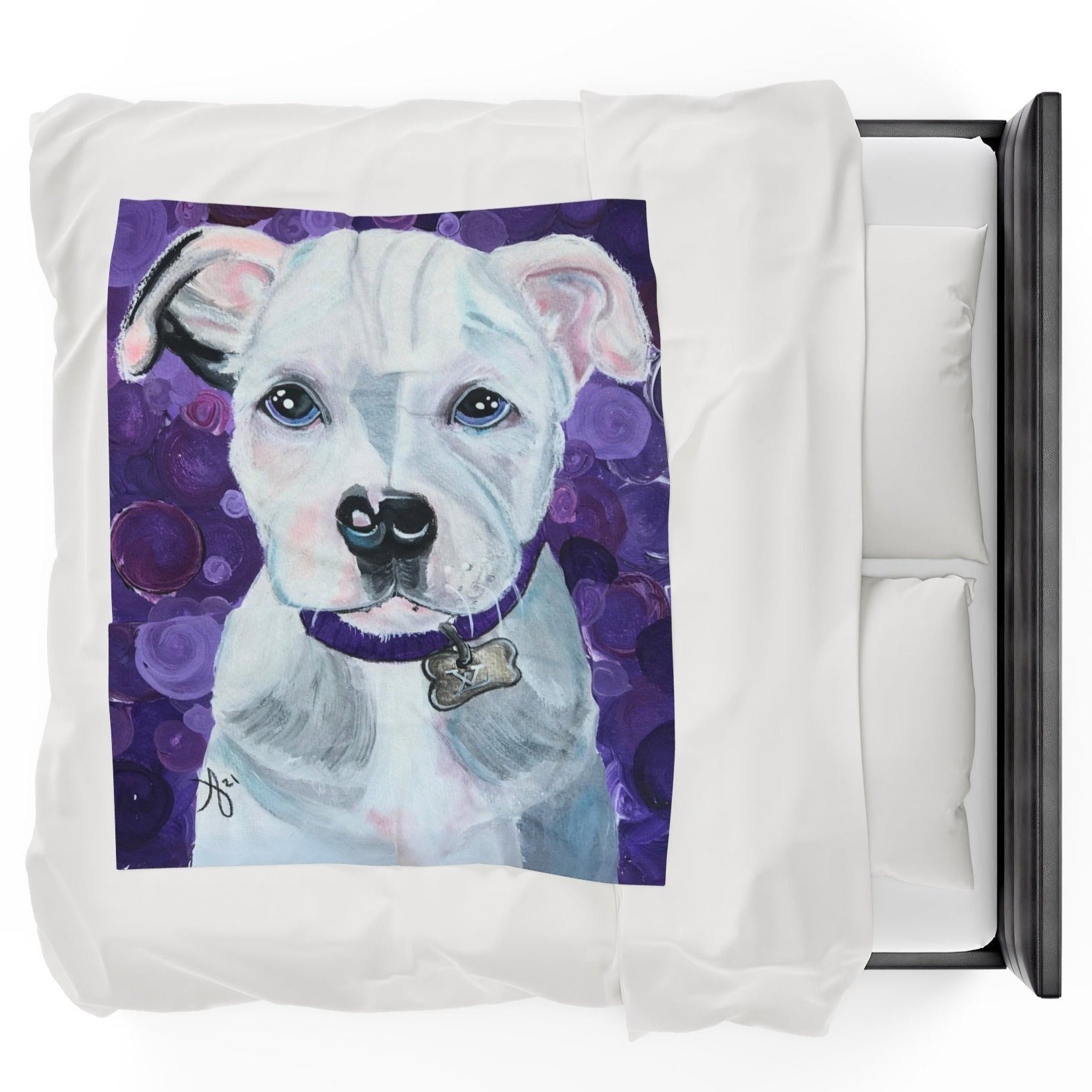 50x60 Velveteen blanket with reproduction of the painting Portrait of a Pit Bull by Mama Mosaic Artworks. A beautiful white and gray Pit Bull sits face forward. Her ears curl slightly forward, with a mottled background of shades of purple. Pit Bull Pitbull Pittbull Pittie. Dog Lover Animal Lover Rescue Dog whimsical whimsy aesthetic.