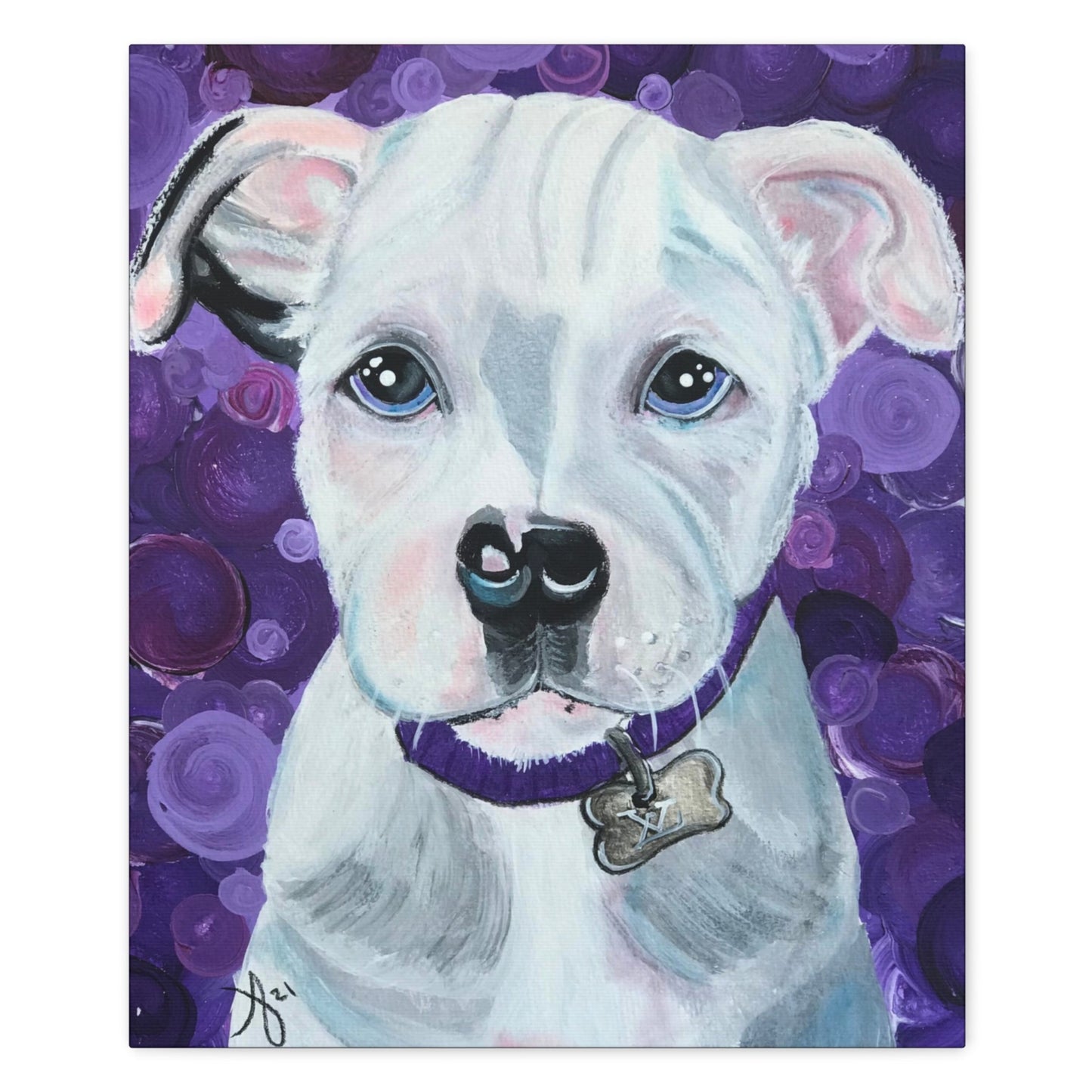 Portrait of a Pit Bull Gallery Canvas - From Mama Mosaic Artworks - Comes Ready to Hang. Printed in high detail using vibrant colors. It has a closed back that comes with hanging hardware. Sides are printed in a solid color. It is reproduced from the original canvas painting, Portrait of a Pit Bull, by Mama Mosaic Artworks.  For those who love pitties, or sweet-faced dogs, or purple, or who simply love this charming work of art.