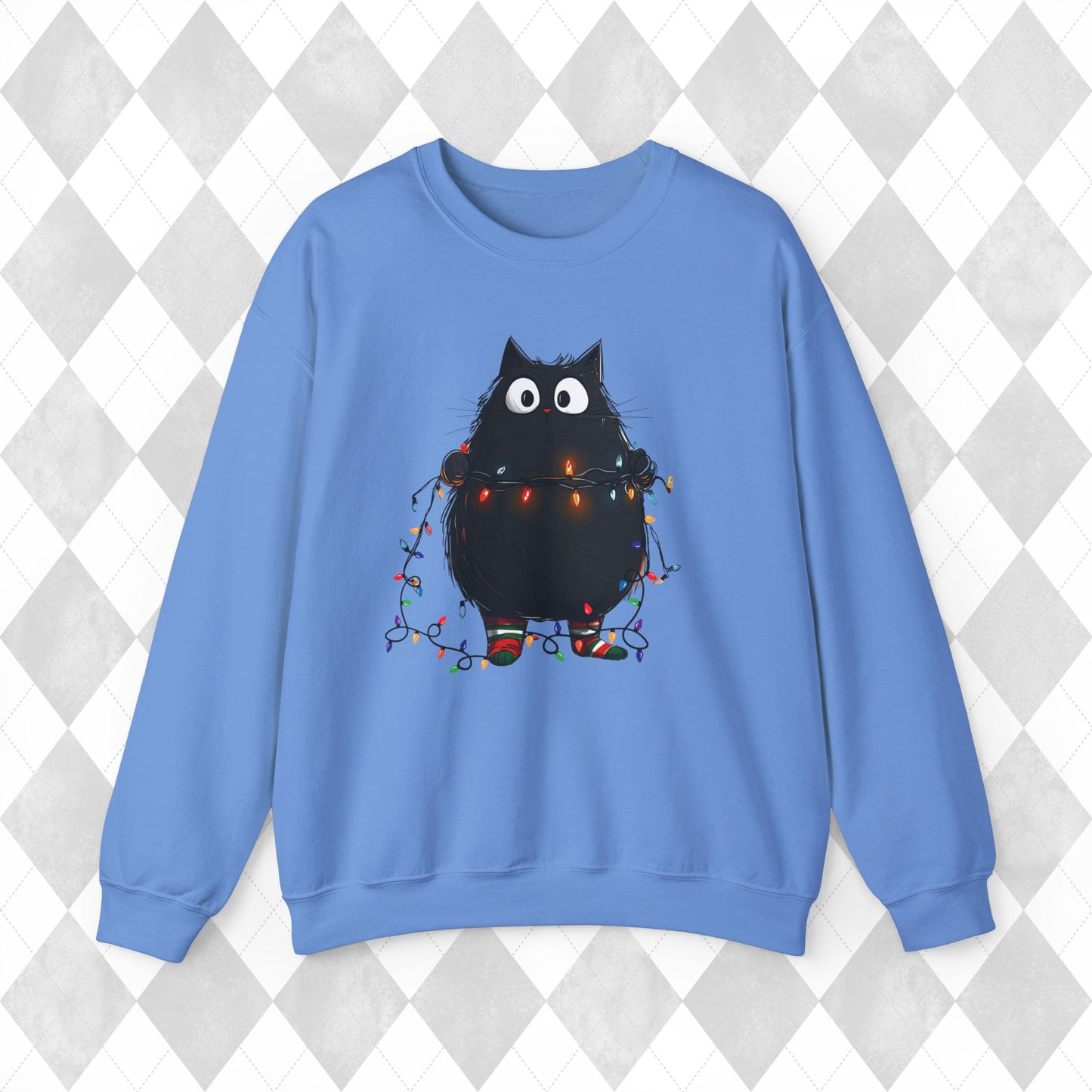 Christmas Cat Sweatshirt - Christmas Lights Kitty Sweater - Cat Mom Gift - Matching Pajamas - Funny Xmas Women's Ladies PJ Top - Unisex Crew