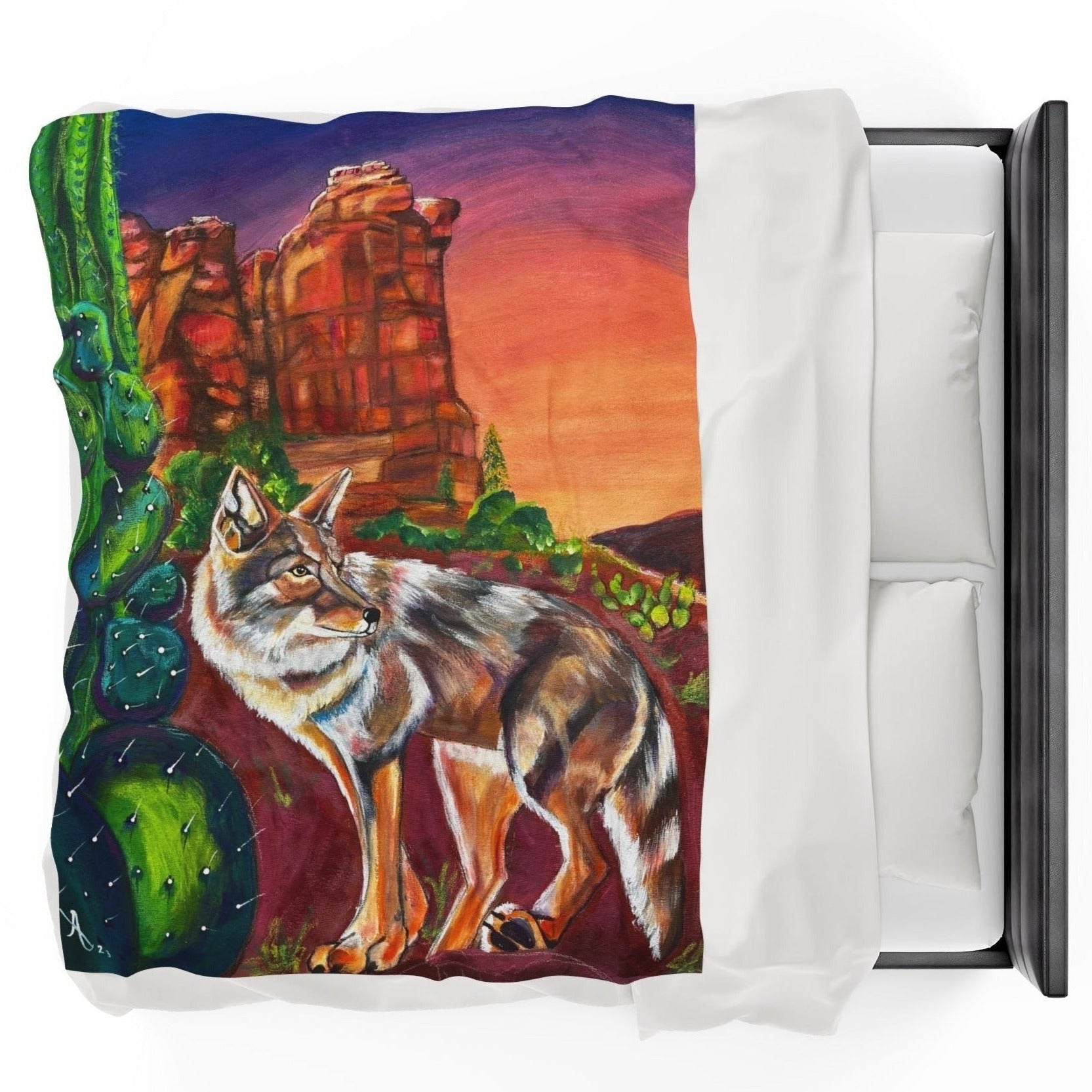 60x80 Blanket - Coyote at Coffee Pot Rock Velveteen Plush Throw Blanket - from Mama Mosaic Artworks - Sedona Arizona. This throw blanket is printed in vibrant colors, with a high degree of detail. It is reproduced from the dynamic painting Three Crows at Devil's Bridge by Mama Mosaic Artworks. This plush velveteen blanket brings an instant aesthetic to any room. For those who love Sedona, Arizona, coyotes, nature, the southwest, or just love this moving piece of art.