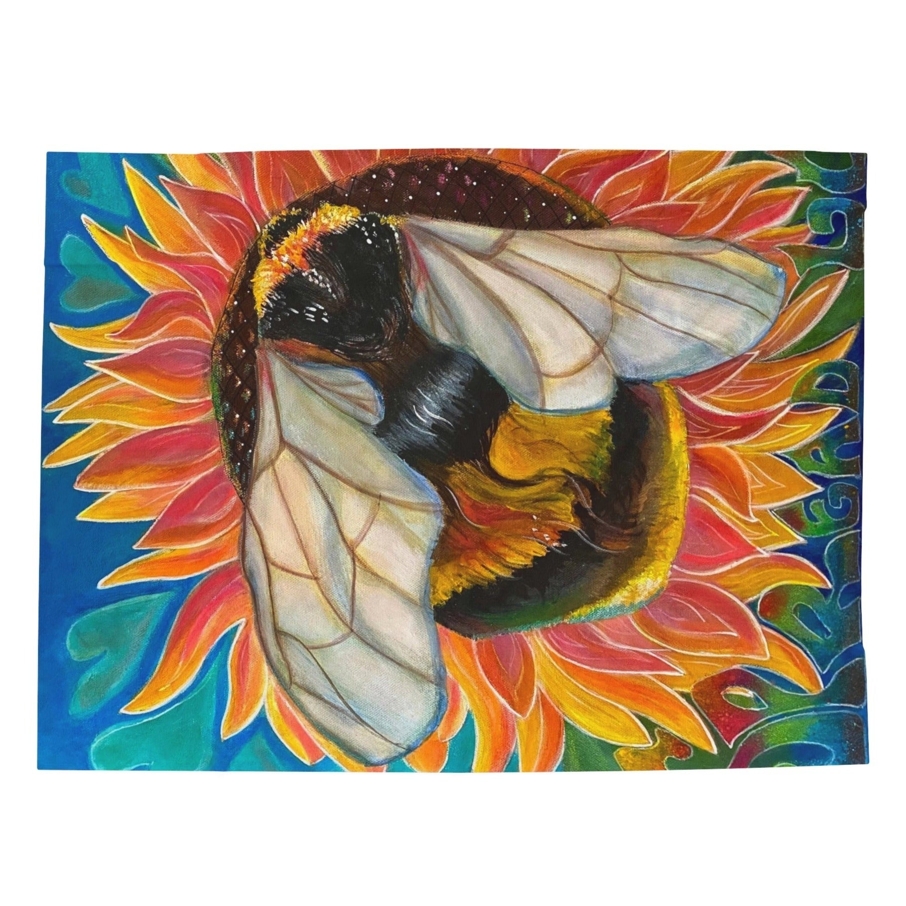 30x40 Blanket - Bees Spread Love Velveteen Plush Throw - from Mama Mosaic Artworks - Save the Bees - Cottagecore. This dynamic bee velveteen throw blanket is printed edge to edge in high detail using vibrant colors. It is reproduced from the original canvas painting, Bees Spread Love, by Mama Mosaic Artworks, and brings an instant aesthetic to any room. Made especially for those who love our little apiarian friends, sunflowers, the great outdoors, or just love this beautiful piece of art.