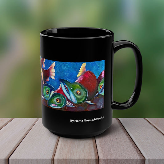 Salmon Mug - Sockeye Stampede from Mama Mosaic Artworks - 15 oz Black Glossy Ceramic Mug