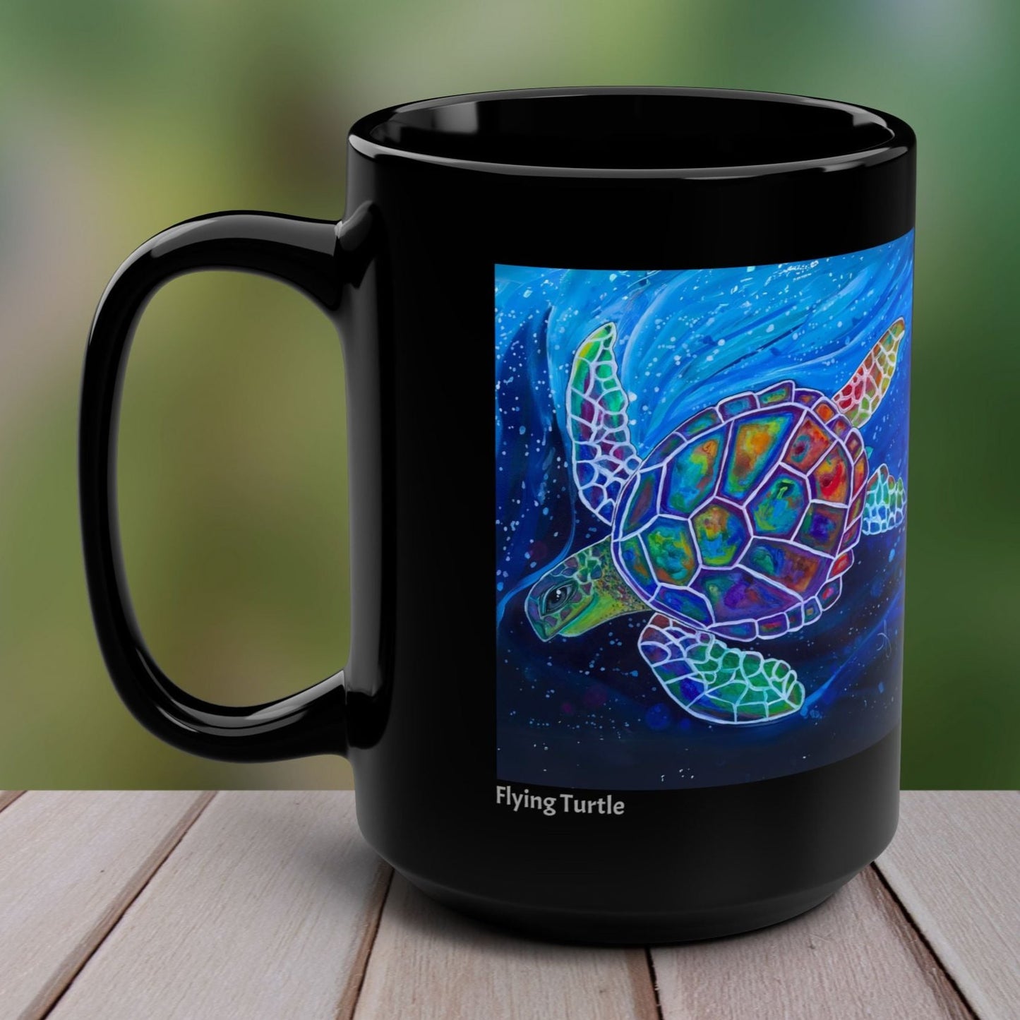 Sea Turtle Mug - Flying Turtle from Mama Mosaic Artworks - 15 oz Black Glossy Ceramic