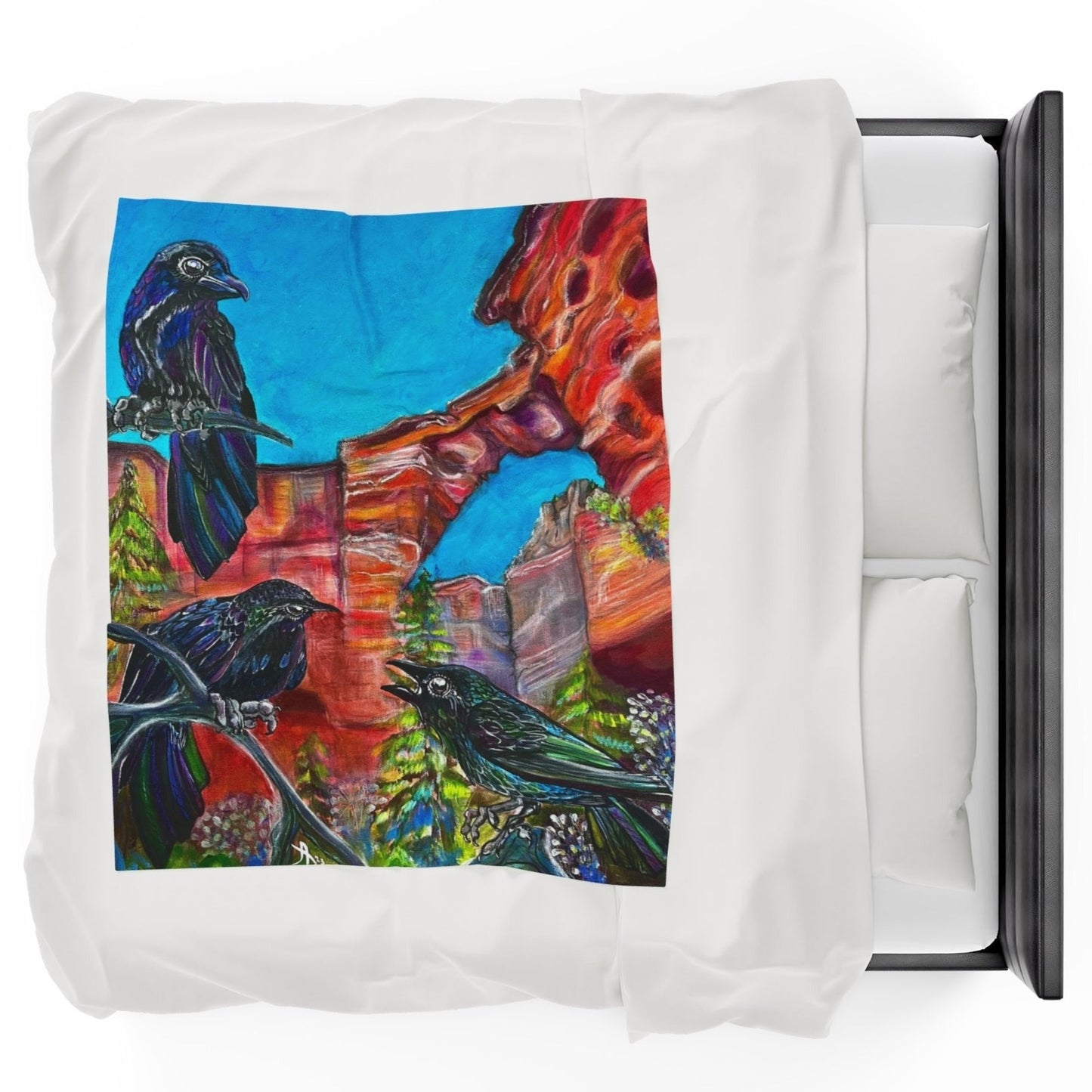 50x60 Velveteen blanket with a reproduction of the painting Three Crows at Devil's Bridge by Mama Mosaic Artworks. View of three black crows perched on a tree and having a conversation in the foreground and Sedona, Arizona's Devil's Bridge in the background in beautiful purples, reds and oranges. Southwest Desert aesthetic. 