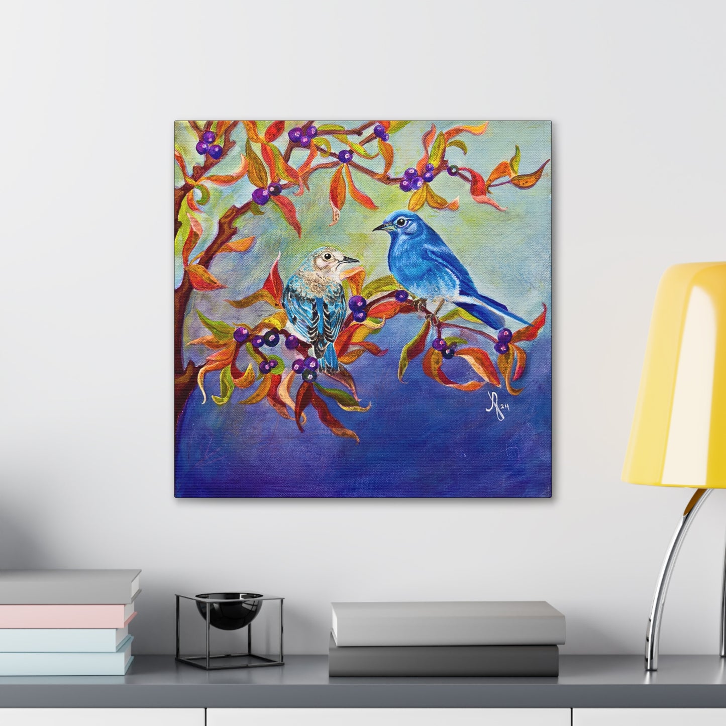 Canvas Wall Art - Blue Birds in Huckleberries From Mama Mosaic Artworks