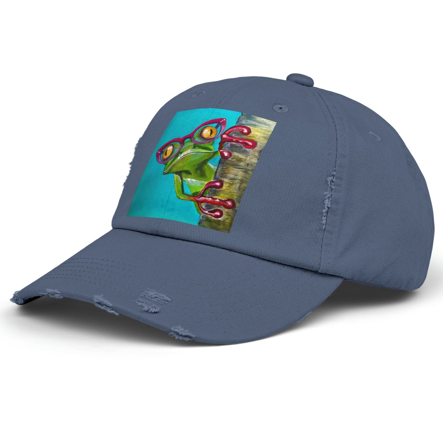 Frog Distressed Hat - Adjustable - Read More Optical Frog from Mama Mosaic Artworks