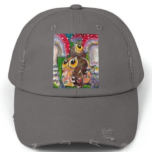 Owls and Shrooms Distressed Hat - Adjustable - Lost in Shroomtasia from Mama Mosaic Artworks