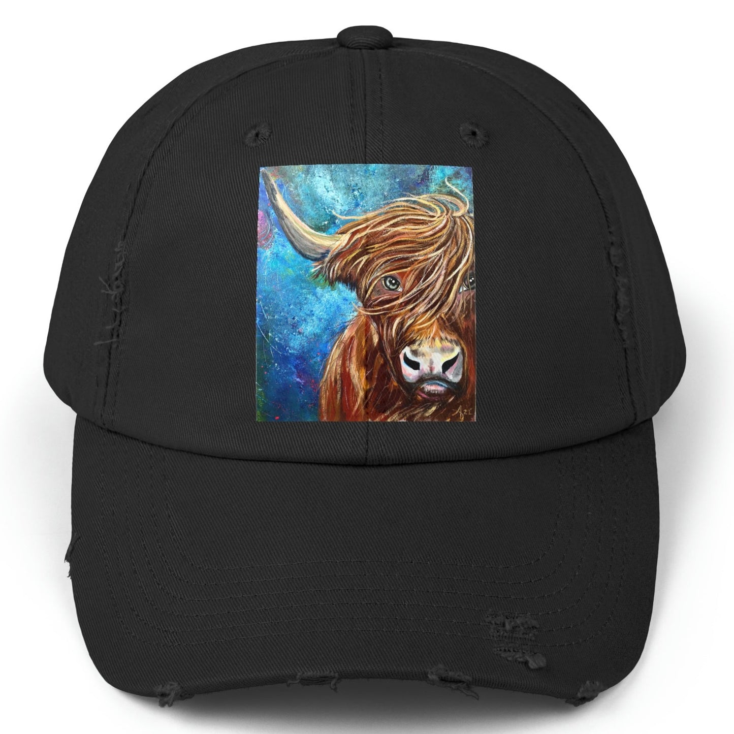 Highland Cow Distressed Hat - Adjustable - Highland Bull I Won't Back Down from Mama Mosaic Artworks