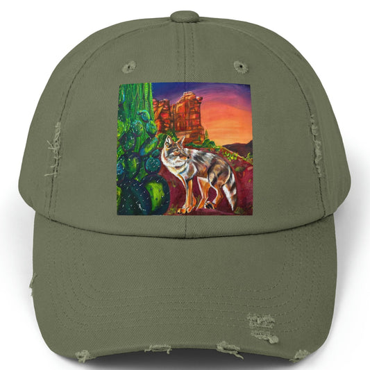 Sedona Coyote Distressed Hat - Adjustable - Coyote at Coffee Pot Rock from Mama Mosaic Artworks