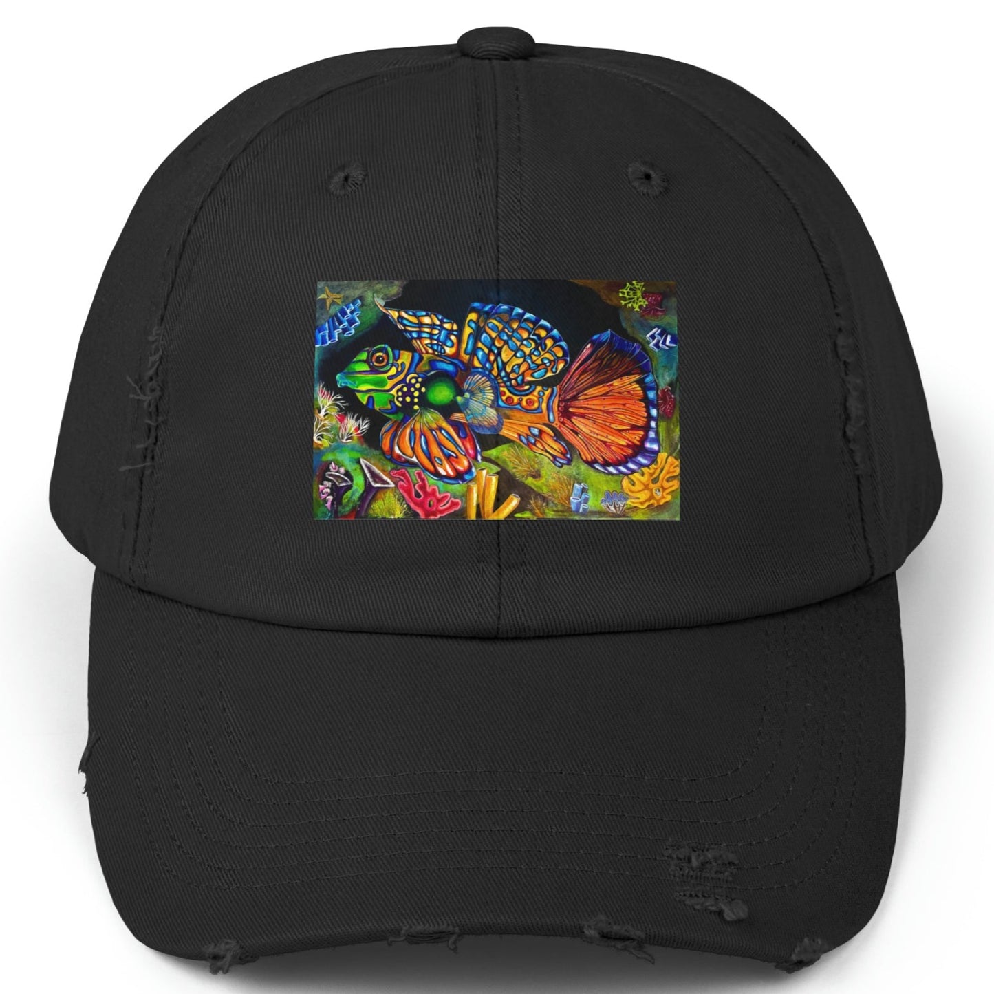 Tropical Fish Distressed Hat - Adjustable - Portrait of Mandarin Goby from Mama Mosaic Artworks