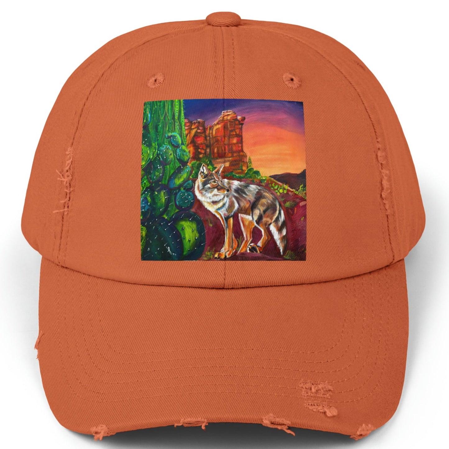 Sedona Coyote Distressed Hat - Adjustable - Coyote at Coffee Pot Rock from Mama Mosaic Artworks