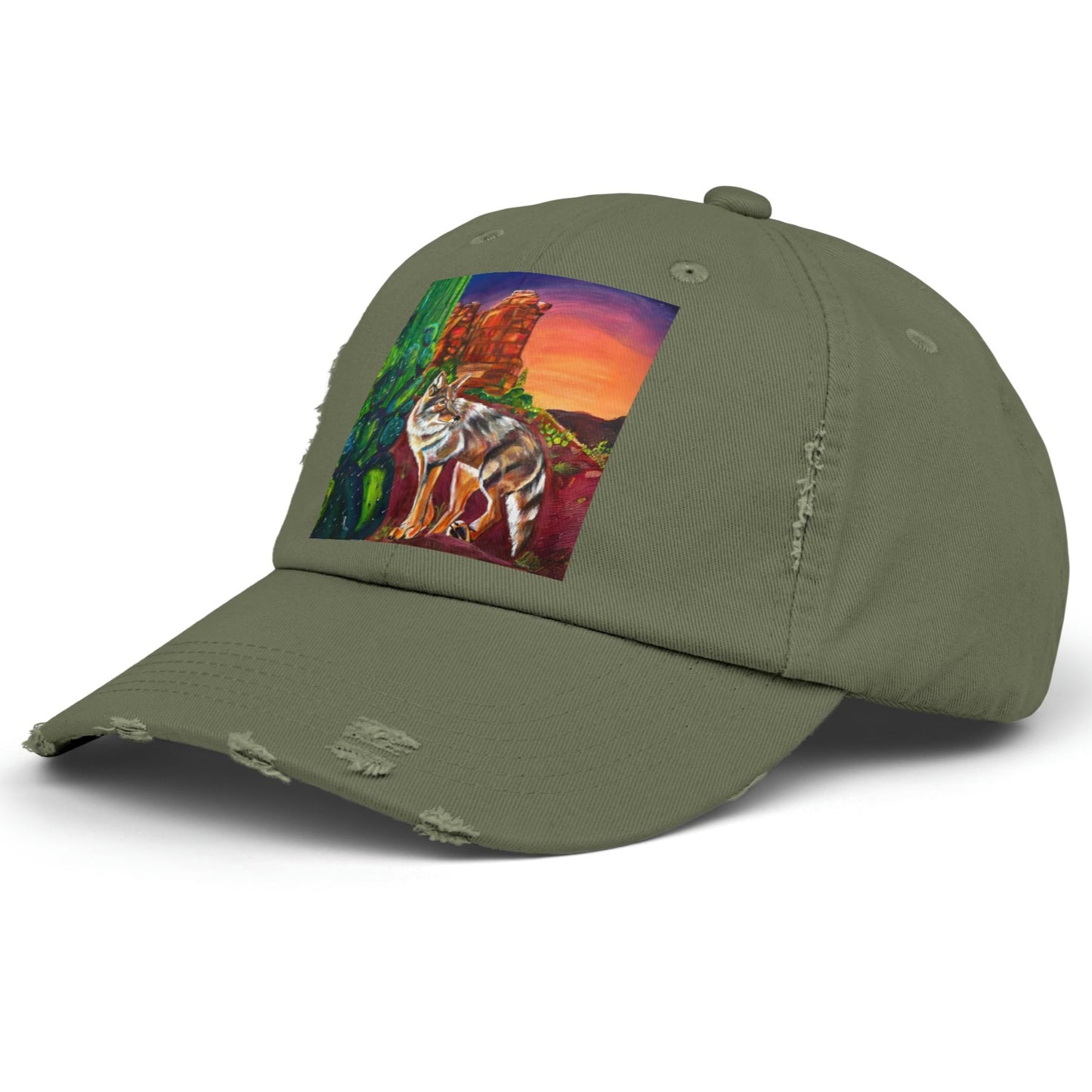 Sedona Coyote Distressed Hat - Adjustable - Coyote at Coffee Pot Rock from Mama Mosaic Artworks