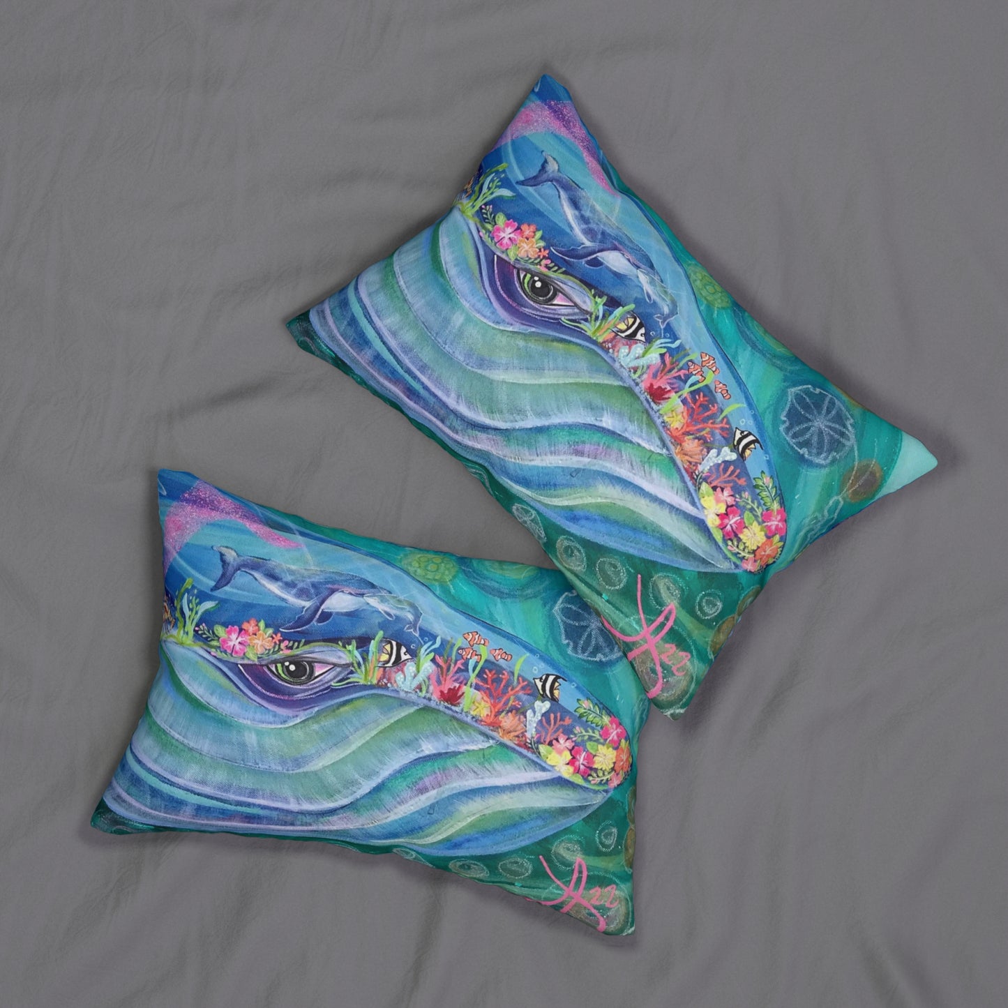 Blue Whale Lumbar Pillow and Cover - 20x14" - Mama Blue and Baby Whale from Mama Mosaic Artworks