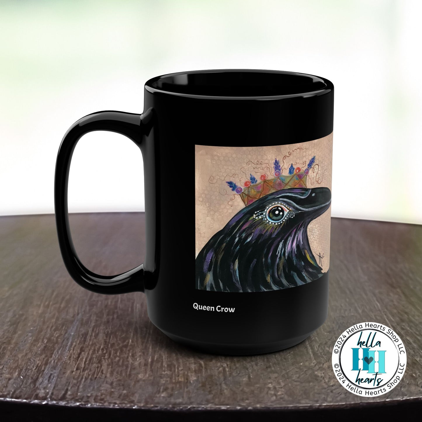 Crow Mug - Original Art, Queen Crow from Mama Mosaic Artworks - 15 oz Black Glossy Ceramic