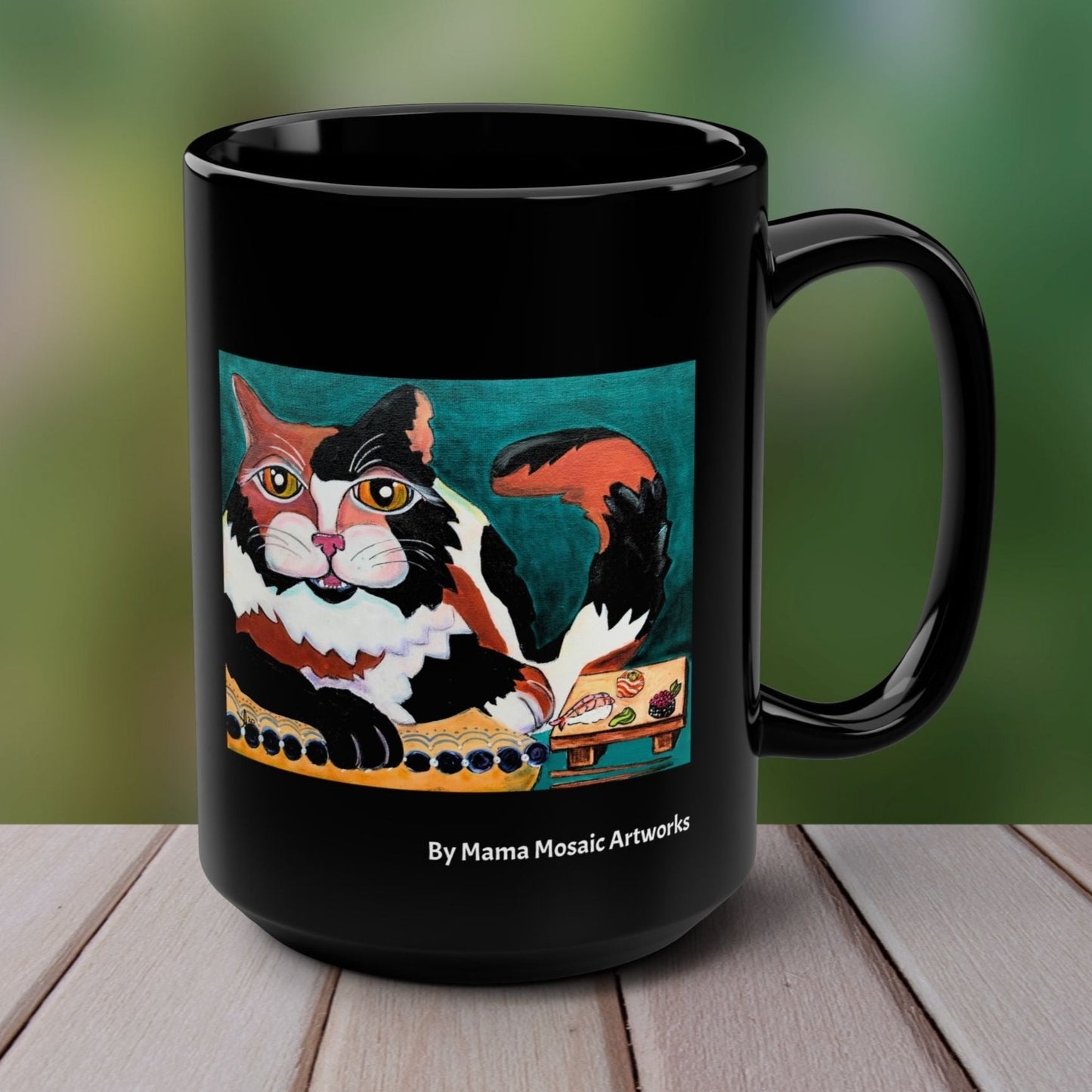 Sushi Cat from Mama Mosaic Artworks - 15 oz Black Glossy Ceramic Mug