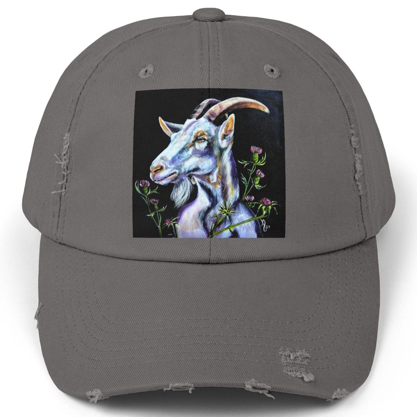 Goat Distressed Hat - Adjustable - Goat in Thistles from Mama Mosaic Artworks