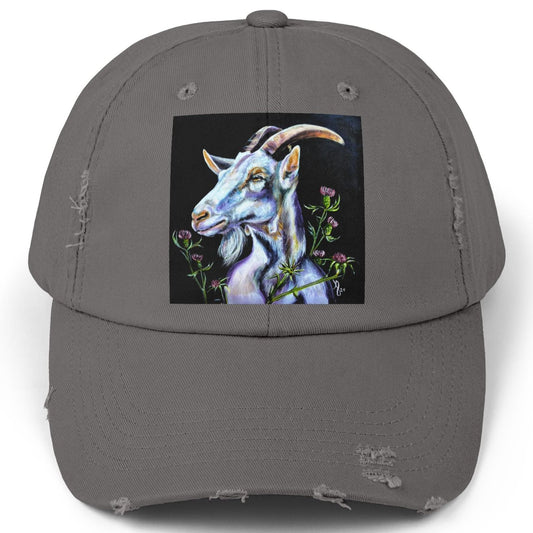 Goat Distressed Hat - Adjustable - Goat in Thistles from Mama Mosaic Artworks