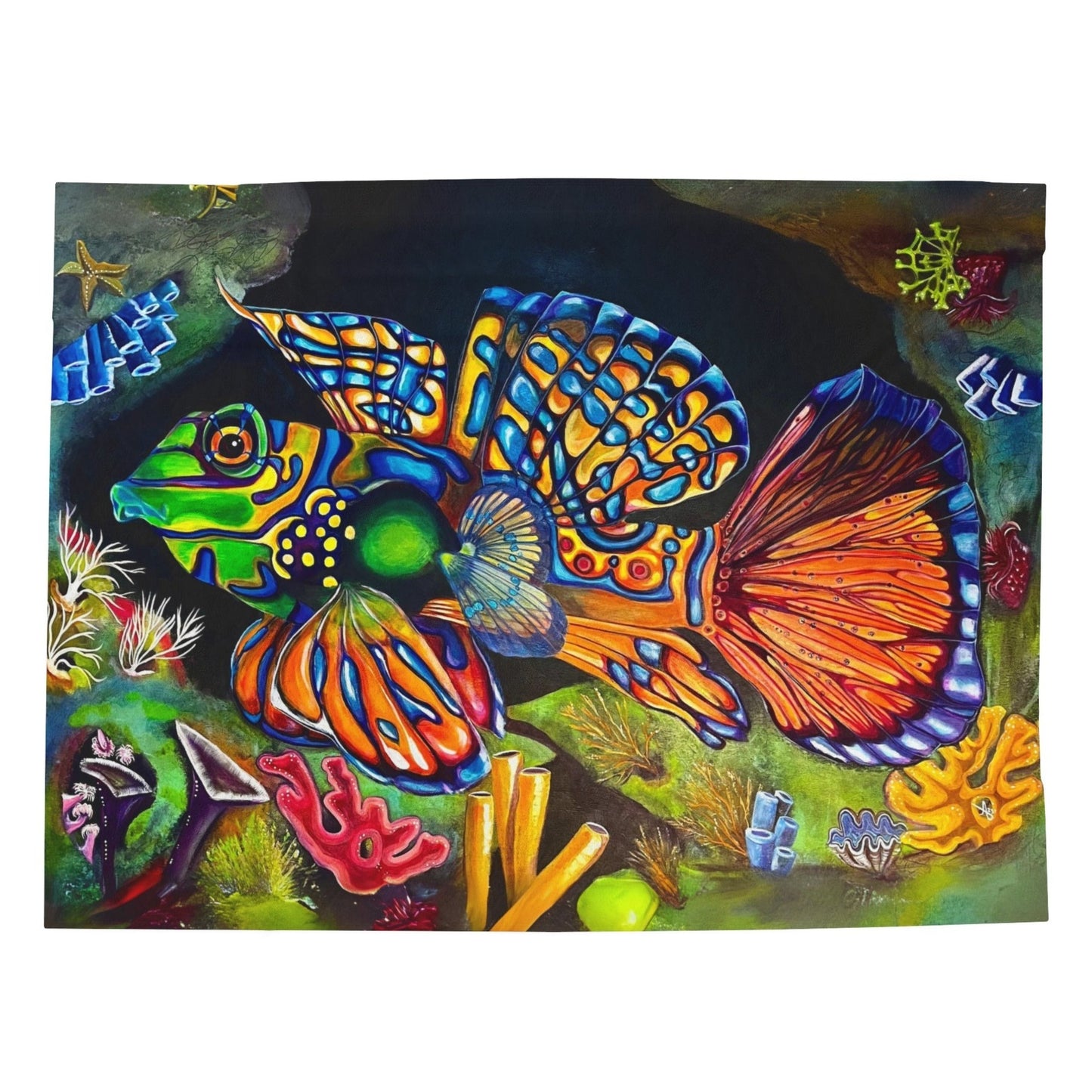 60x80 Velveteen blanket with a reproduction of the painting Portrait of Mandarin Goby by Mama Mosaic Artworks. Up close view of a tropical Mandarin Goby fish with a colorful array of ocean life in the background. Naturecore Pacific Ocean waters aesthetic.