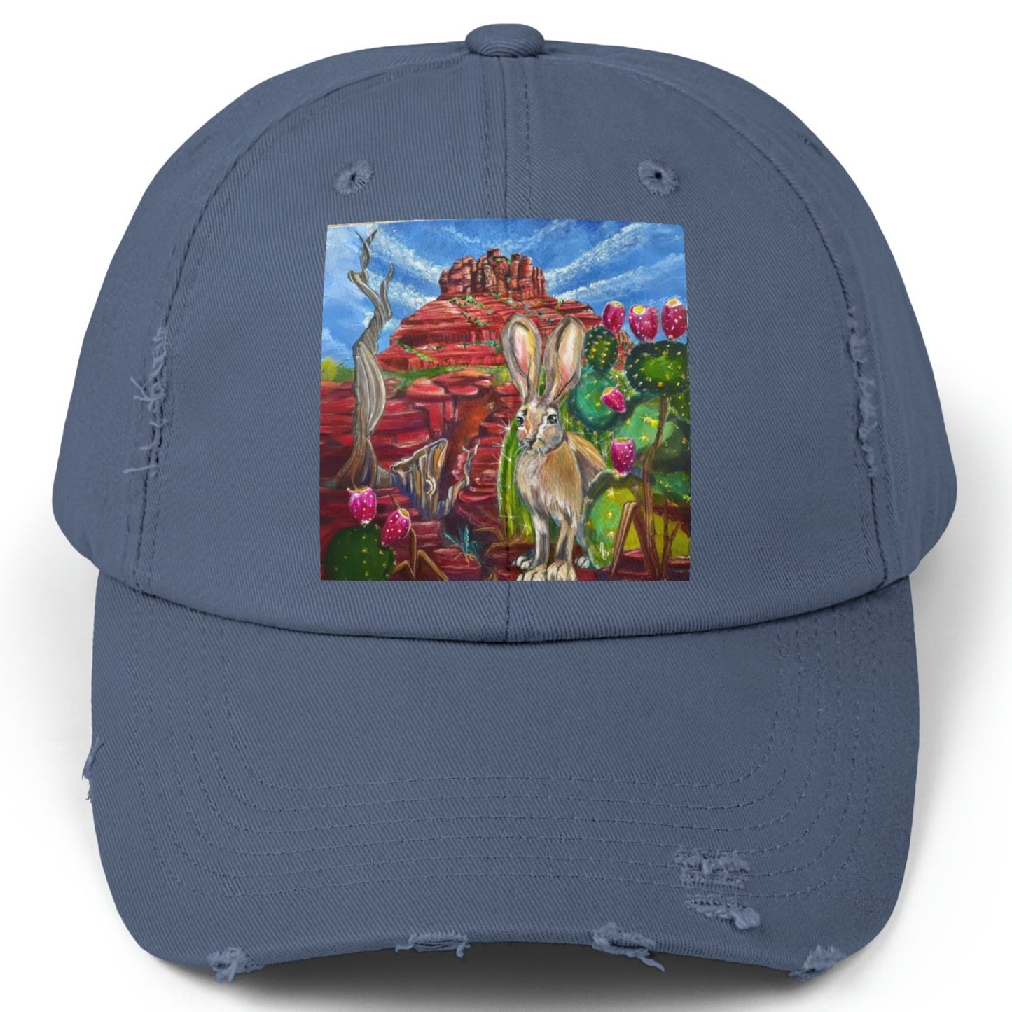 Sedona Hare Distressed Hat - Adjustable - Hare at Bell Rock from Mama Mosaic Artworks