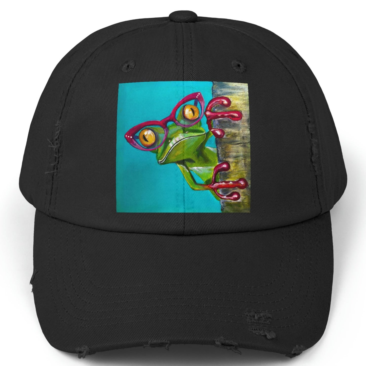 Frog Distressed Hat - Adjustable - Read More Optical Frog from Mama Mosaic Artworks