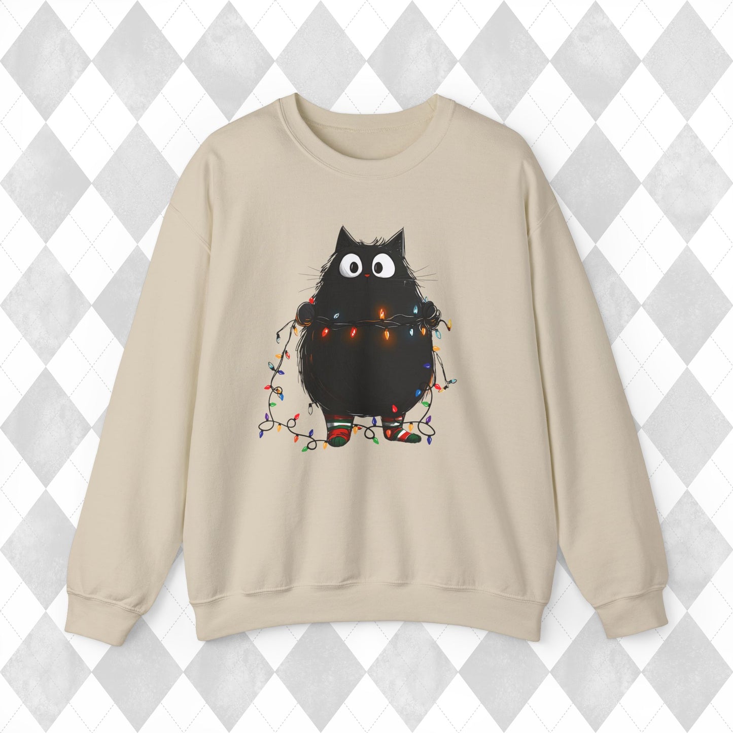 Christmas Cat Sweatshirt - Christmas Lights Kitty Sweater - Cat Mom Gift - Matching Pajamas - Funny Xmas Women's Ladies PJ Top - Unisex Crew