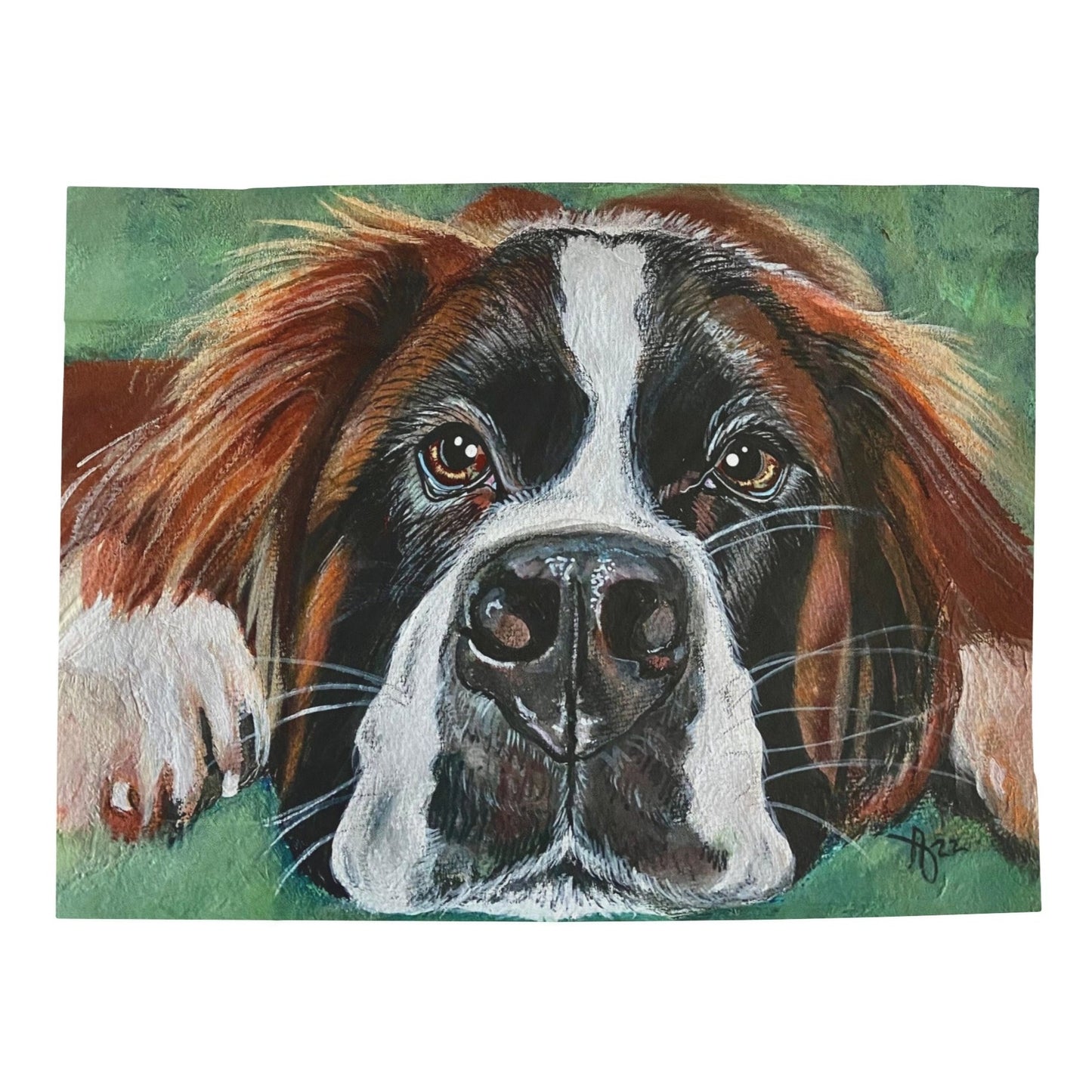 60x80 Plush Velveteen Blanket with a reproduction of the painting Portrait of a Saint Bernard by Mama Mosaic Artworks. Up close view of St. Bernard face with soulful eyes and a beautiful green mottled background. Pet lovers Dog lovers Farmhouse Country aesthetic.