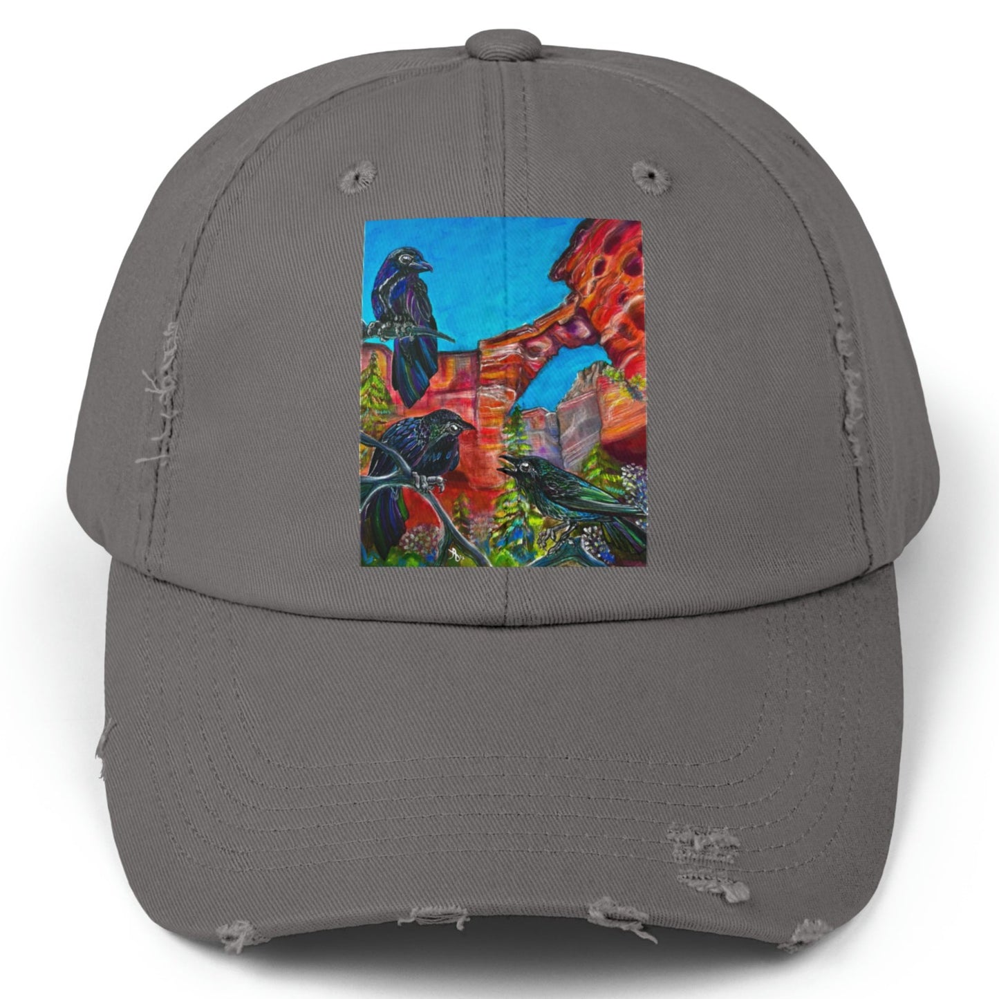 Sedona Devil's Bridge Distressed Hat - Adjustable - Three Crows at Devil's Bridge from Mama Mosaic Artworks