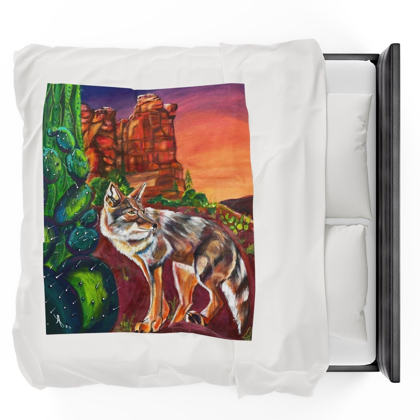 50x60 Blanket - Coyote at Coffee Pot Rock Velveteen Plush Throw Blanket - from Mama Mosaic Artworks - Sedona Arizona. This throw blanket is printed in vibrant colors, with a high degree of detail. It is reproduced from the dynamic painting Three Crows at Devil's Bridge by Mama Mosaic Artworks. This plush velveteen blanket brings an instant aesthetic to any room. For those who love Sedona, Arizona, coyotes, nature, the southwest, or just love this moving piece of art.