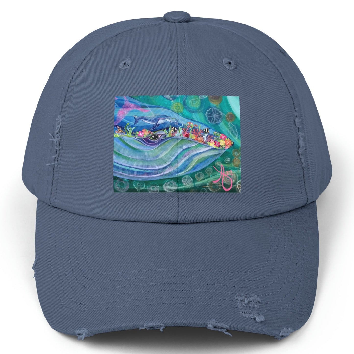 Blue Whale Distressed Hat - Adjustable - Mama and Baby Blue from Mama Mosaic Artworks