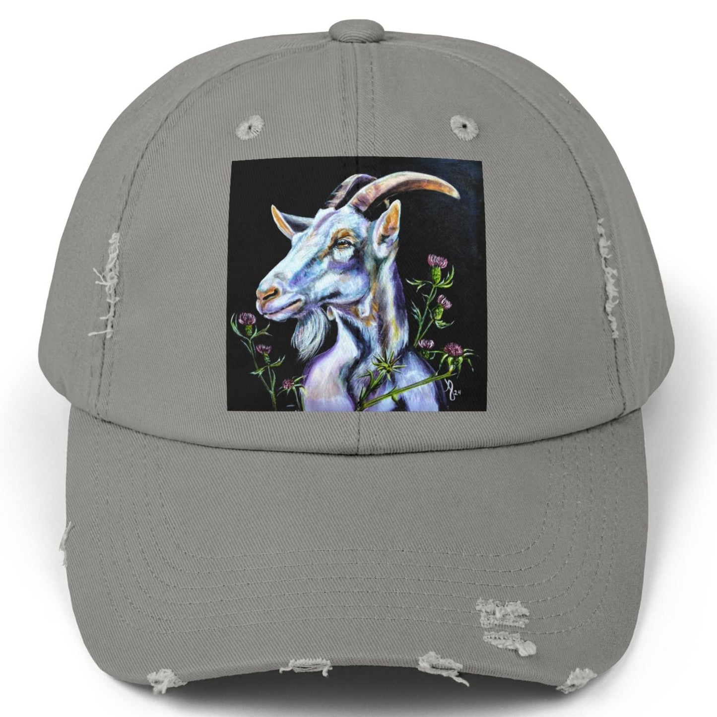 Goat Distressed Hat - Adjustable - Goat in Thistles from Mama Mosaic Artworks