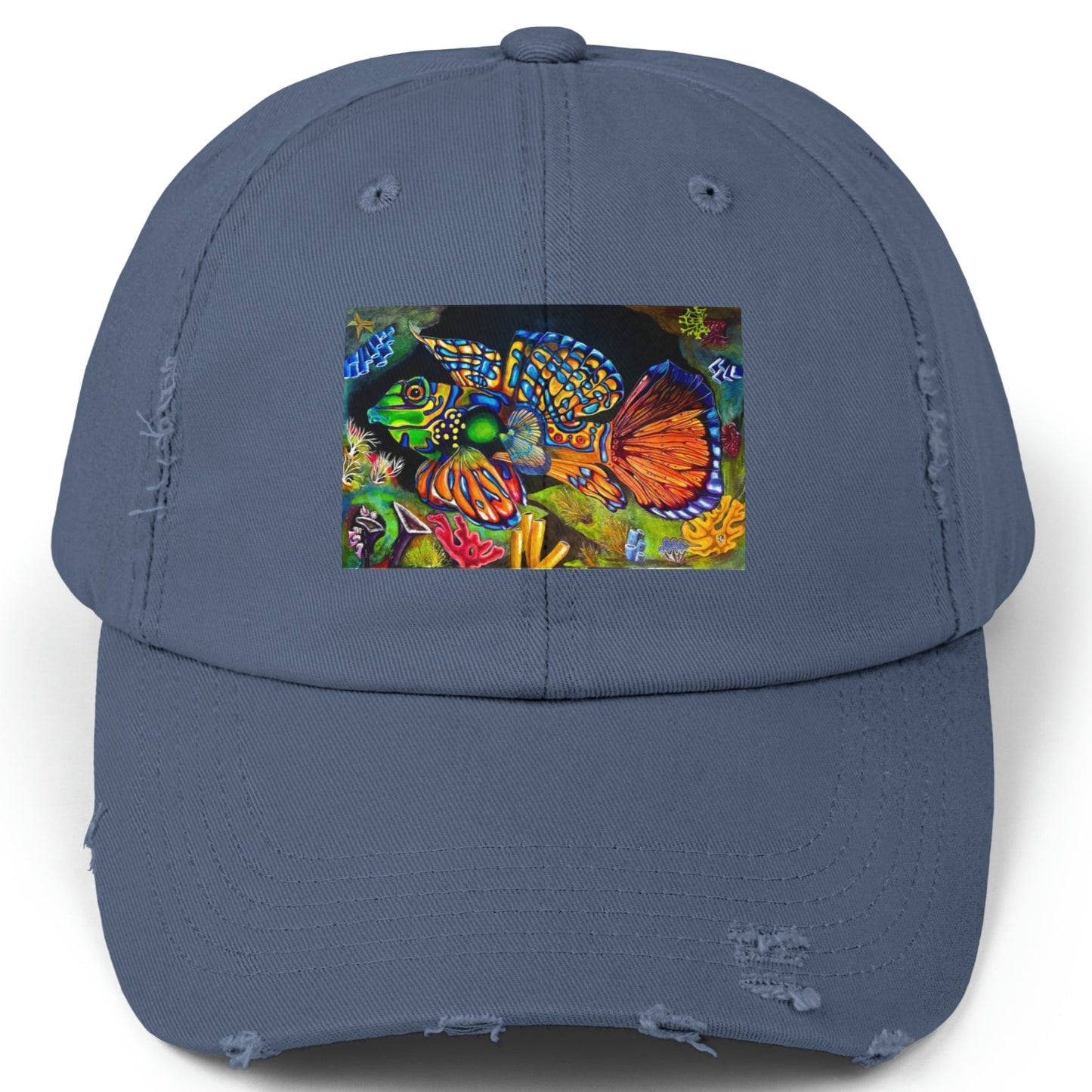 Tropical Fish Distressed Hat - Adjustable - Portrait of Mandarin Goby from Mama Mosaic Artworks