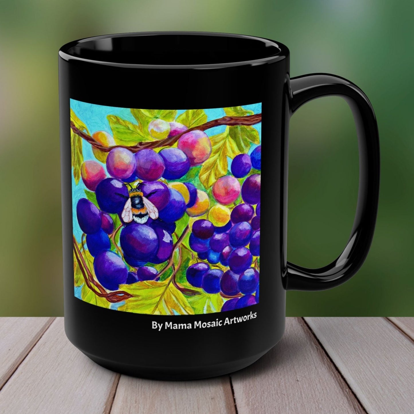 Bee Grapes Mug - Vineyard Bee from Mama Mosaic Artworks - 15 oz Black Glossy Ceramic Mug