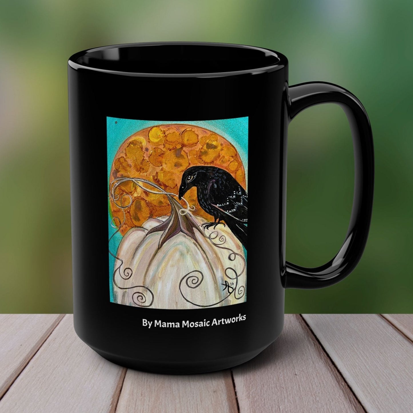 Crow on White Pumpkin from Mama Mosaic Artworks - 15 oz Black Glossy Ceramic Mug