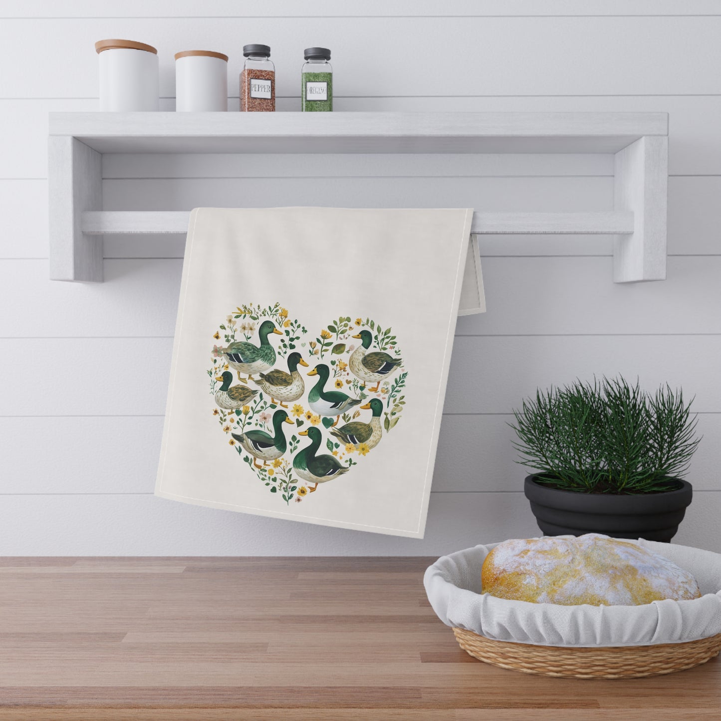 Mallard Ducks Tea Towel - Heart Shaped Ducks Green and Yellow Cotton Tea Towel - Eugene Oregon Gift