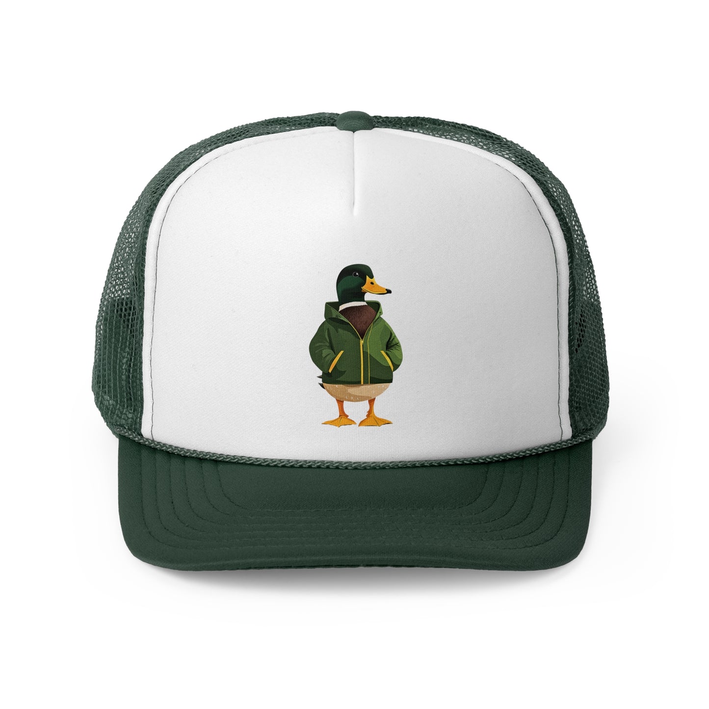 Duck Trucker Hat - Mallard Duck in Green and Yellow Rain Slicker