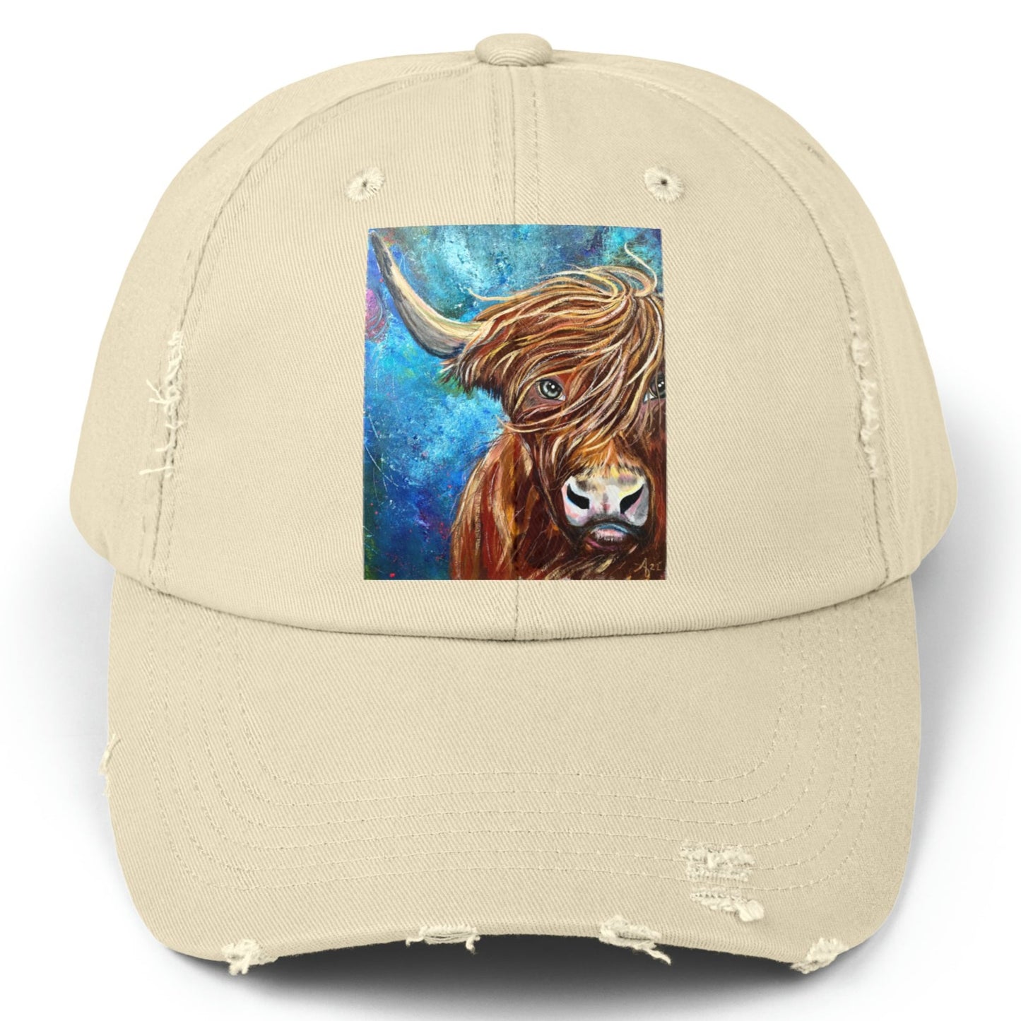 Highland Cow Distressed Hat - Adjustable - Highland Bull I Won't Back Down from Mama Mosaic Artworks