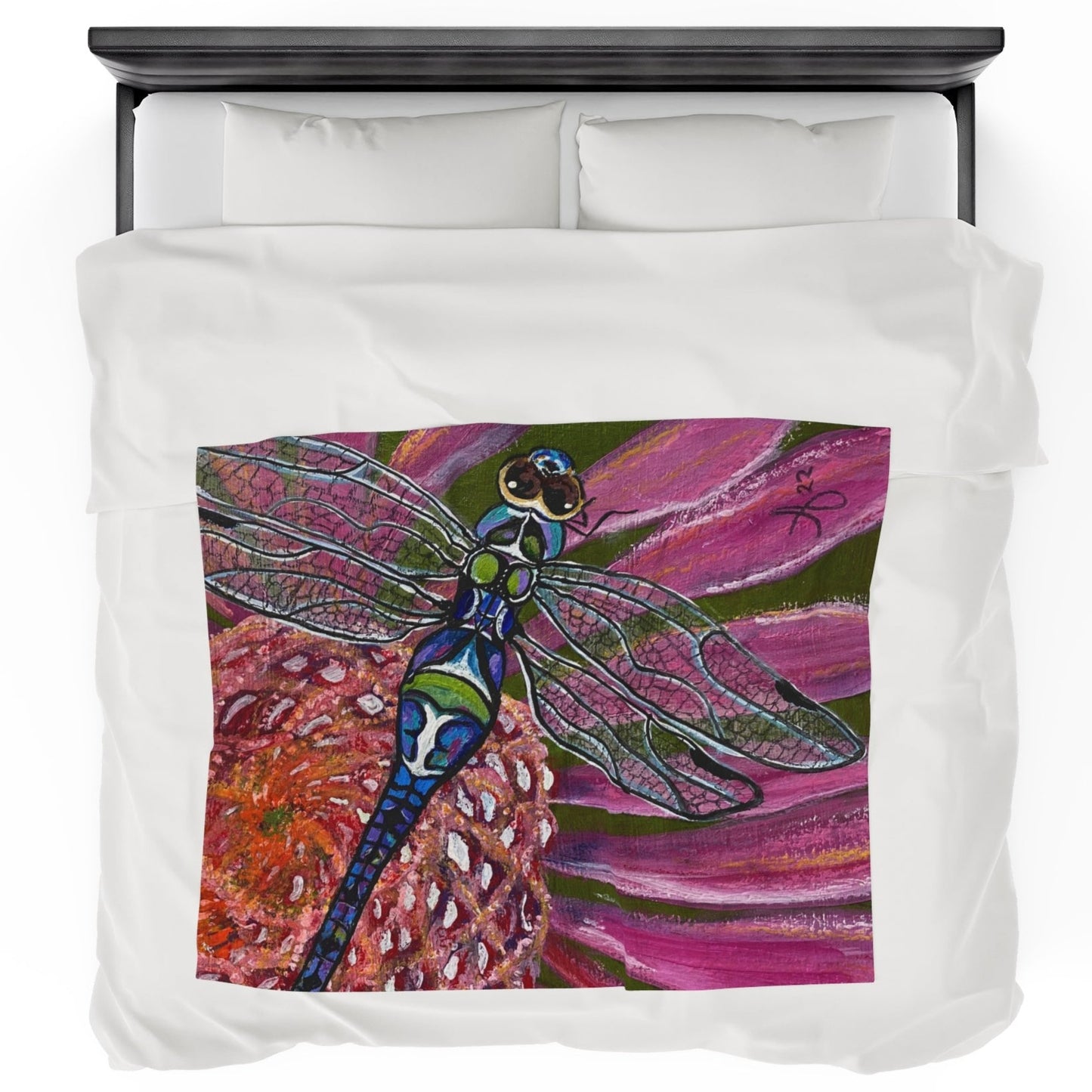 50x60 Blanket - Dragonfly Velveteen Plush Throw - Garden Jewel from Mama Mosaic Artworks. Velveteen blanket with a reproduction of the painting Garden Jewel by Mama Mosaic Artworks. Up close view of a dragonfly or damselfly in blue and green on a purple and orange flower. Cottagecore Naturecore Farmhouse Country aesthetic.