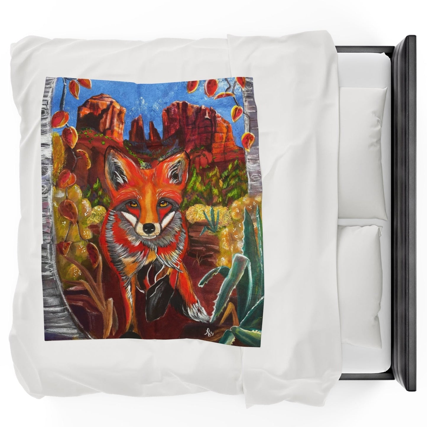 50x60 Blanket - Fox at Cathedral Rock Velveteen Plush Throw - from Mama Mosaic Artworks - Southwestern Art. This dynamic velveteen plush throw blanket is printed edge to edge in high detail using vibrant colors. It is reproduced from the original canvas painting, Fox at Cathedral Rock, by Mama Mosaic Artworks. For those who love Sedona, Arizona, desert decor, foxes, a Mexican or southwestern aesthetic, are a believer in vortex points, or simply love this charming work of art.