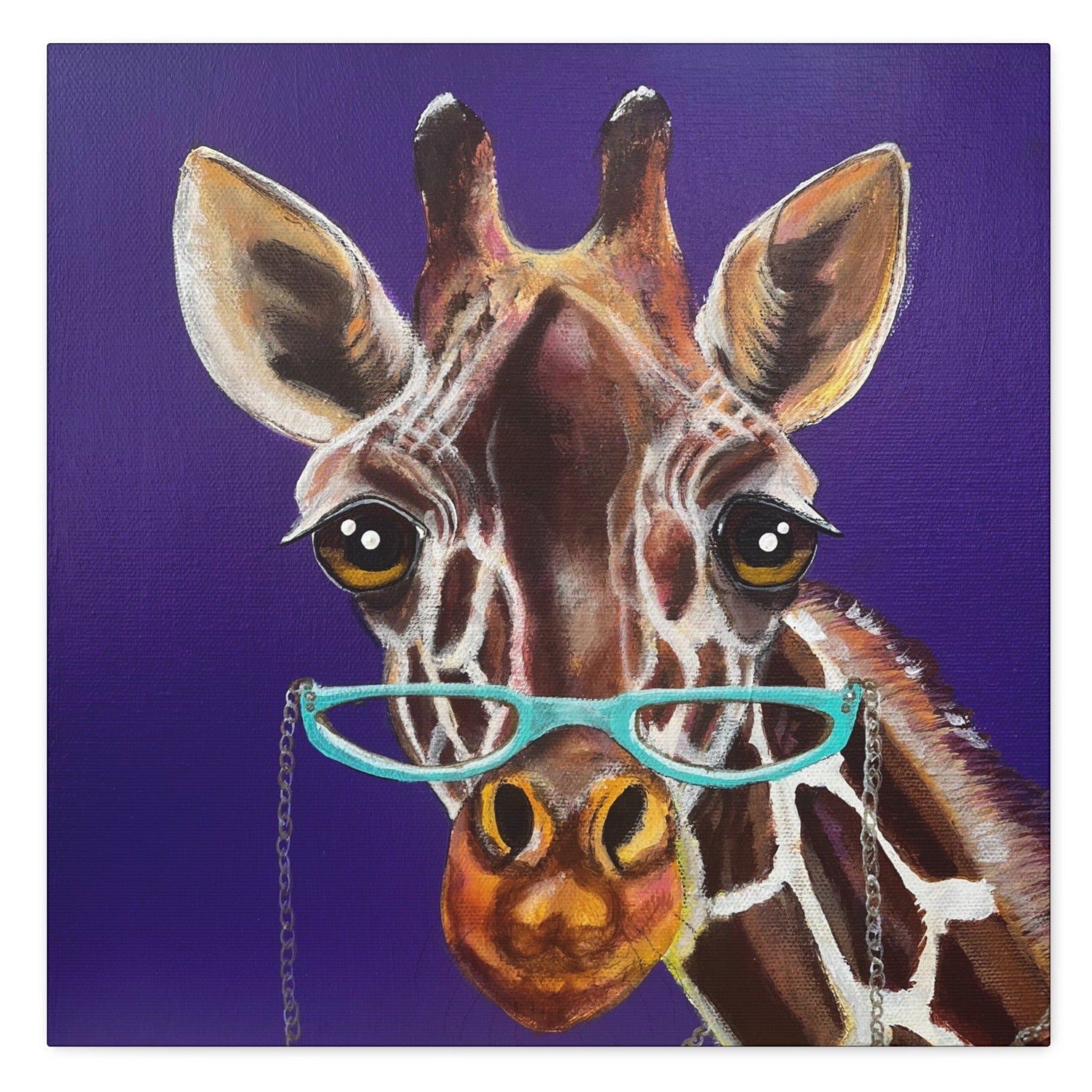 Canvas Wall Art - Read More Optical Giraffe Gallery Canvas - From Mama Mosaic Artworks - Comes Ready to Hang. Printed in high detail using vibrant colors. It has a closed back that comes with hanging hardware. Sides are printed in a solid color. It is reproduced from the original canvas painting Read More Optical Giraffe by Mama Mosaic Artworks.  For those who love giraffes, reading, naturecore, whimsicore, or glasses! 