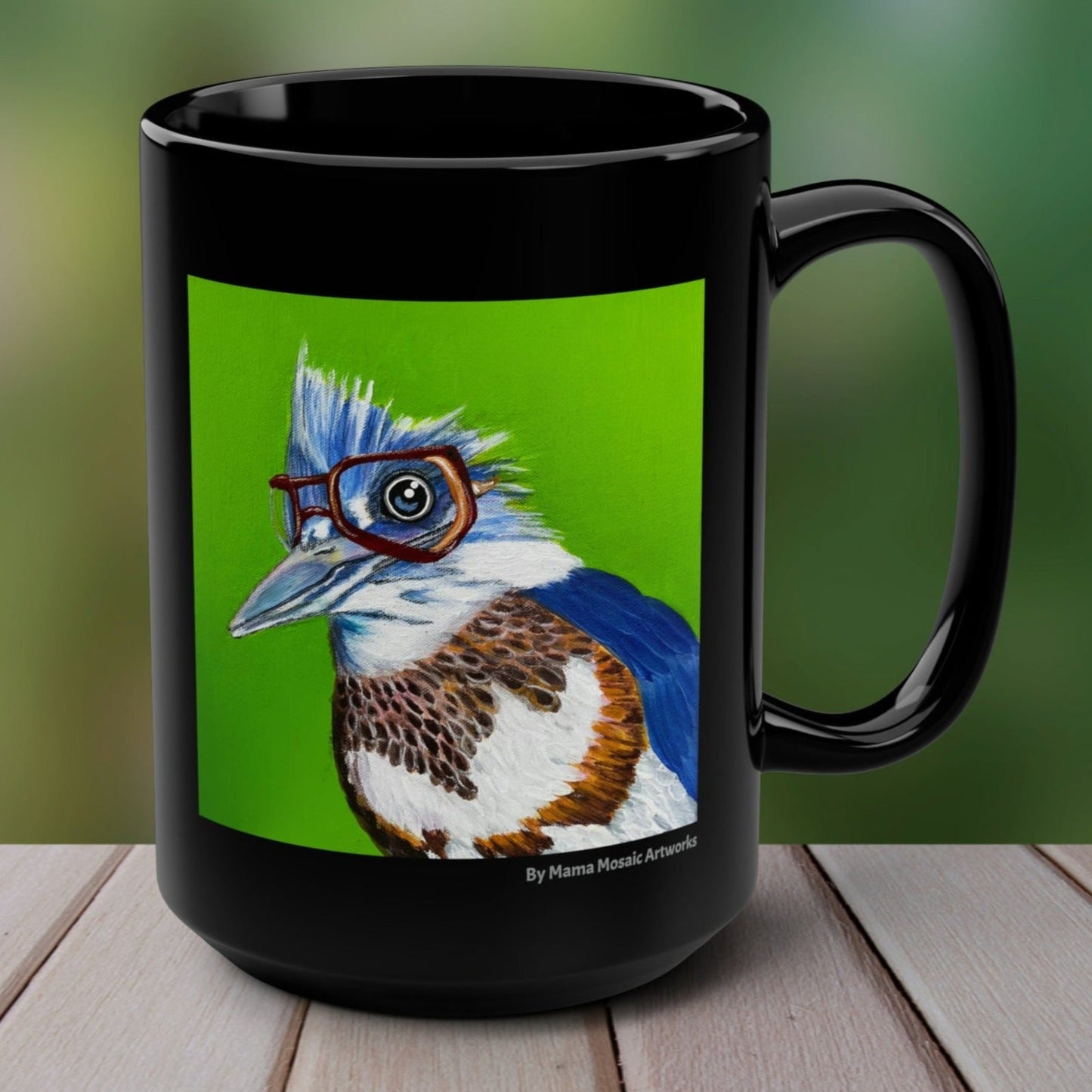 Kingfisher Mug - 15oz Glossy Ceramic - Read More Optical Kingfisher from Mama Mosaic Artworks