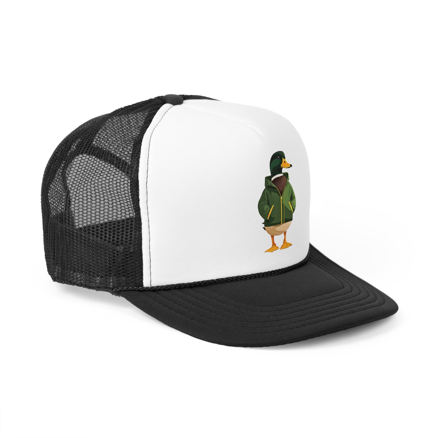 Duck Trucker Hat - Mallard Duck in Green and Yellow Rain Slicker