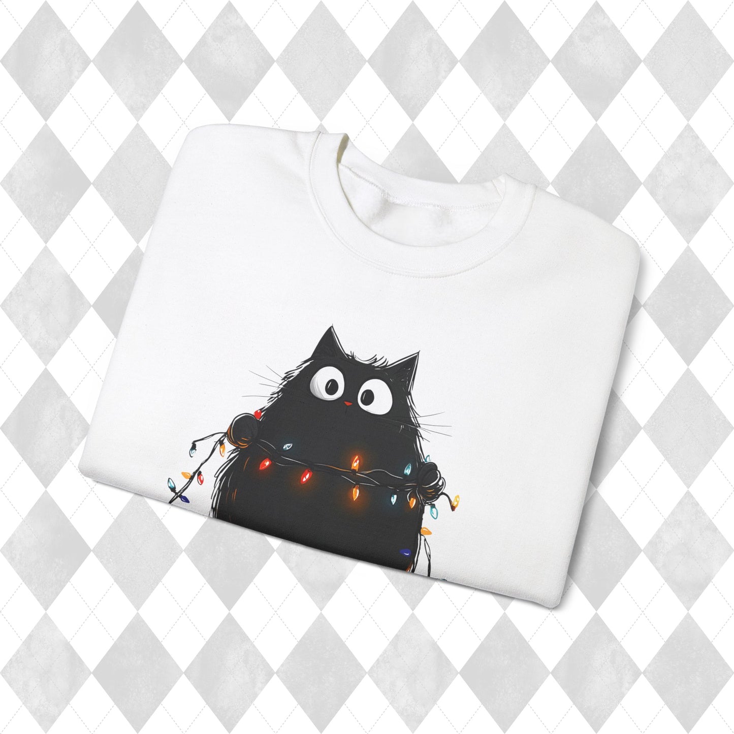 Christmas Cat Sweatshirt - Christmas Lights Kitty Sweater - Cat Mom Gift - Matching Pajamas - Funny Xmas Women's Ladies PJ Top - Unisex Crew