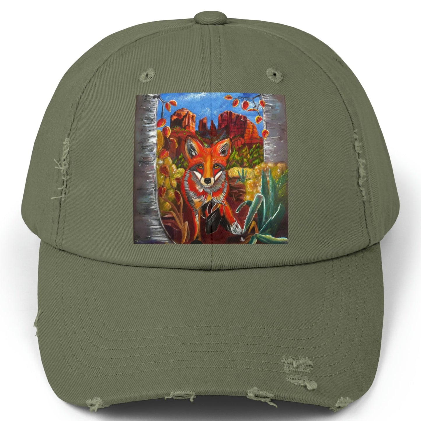 Sedona Fox Distressed Hat - Adjustable - Fox at Cathedral Rock from Mama Mosaic Artworks