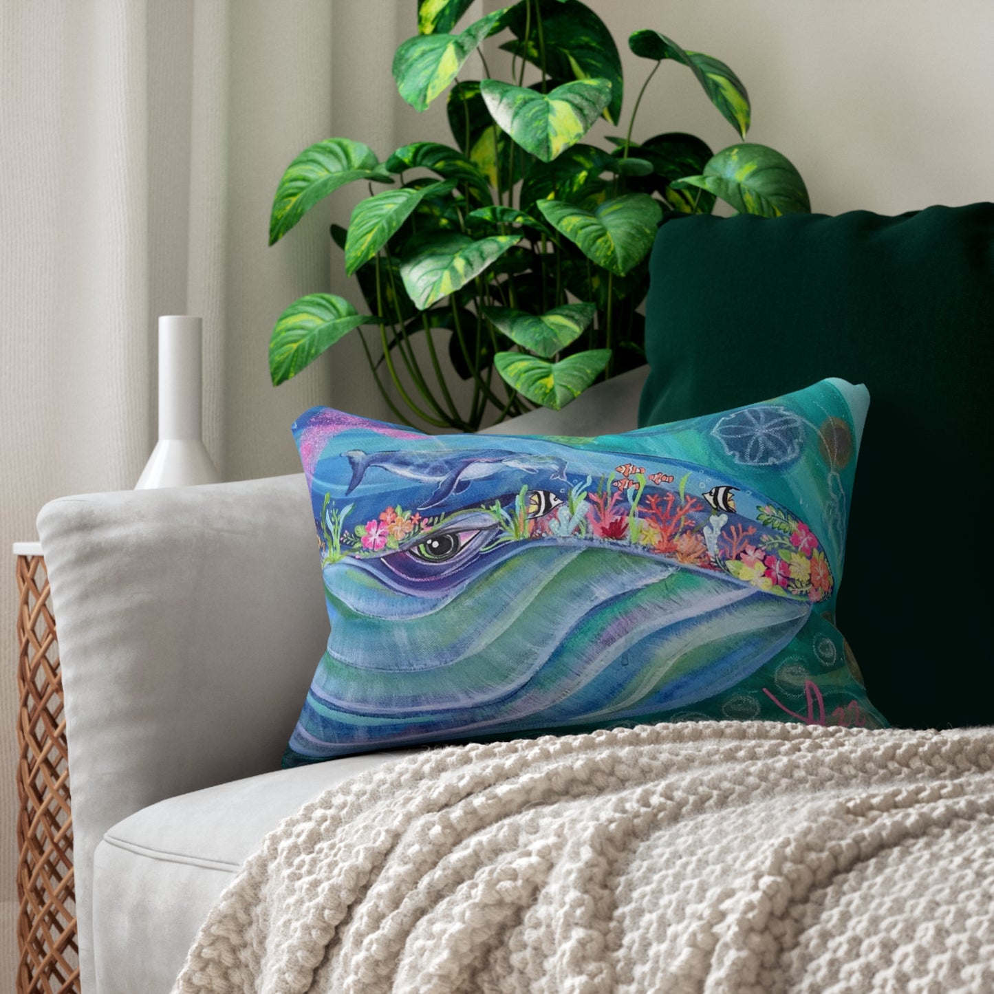 Blue Whale Lumbar Pillow and Cover - 20x14" - Mama Blue and Baby Whale from Mama Mosaic Artworks