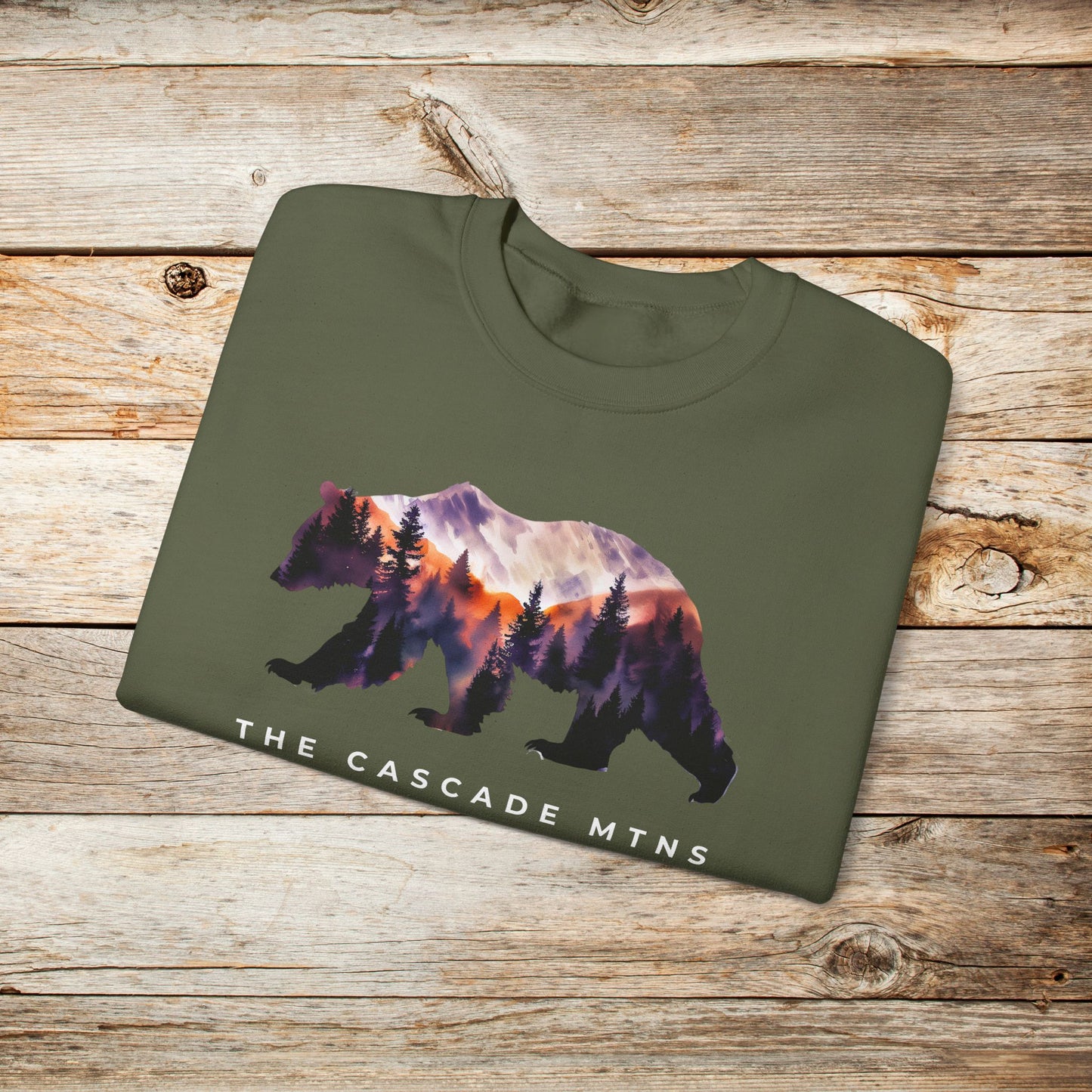 PNW Bearscape Unisex Crewneck Sweatshirt - The Cascade Mountain Range - Inclusive Sizes S to 5XL