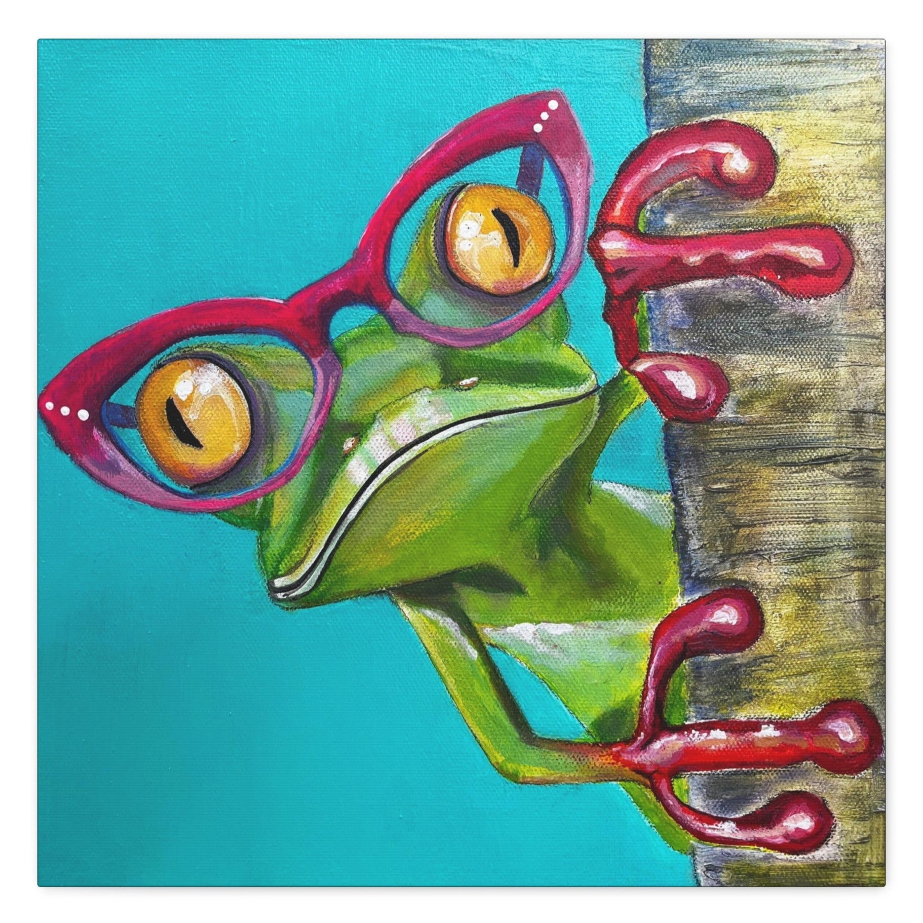 Canvas Wall Art - Read More Optical Frog - From Mama Mosaic Artworks. Printed in high detail using vibrant colors. It has a closed back that comes with hanging hardware. Sides are printed in a solid color. It is reproduced from the original canvas painting Read More Optical Frog by Mama Mosaic Artworks. For those who love amphibians, frogs, naturecore, whimsicore, or glasses! Makes great art for an Optometrist Office.