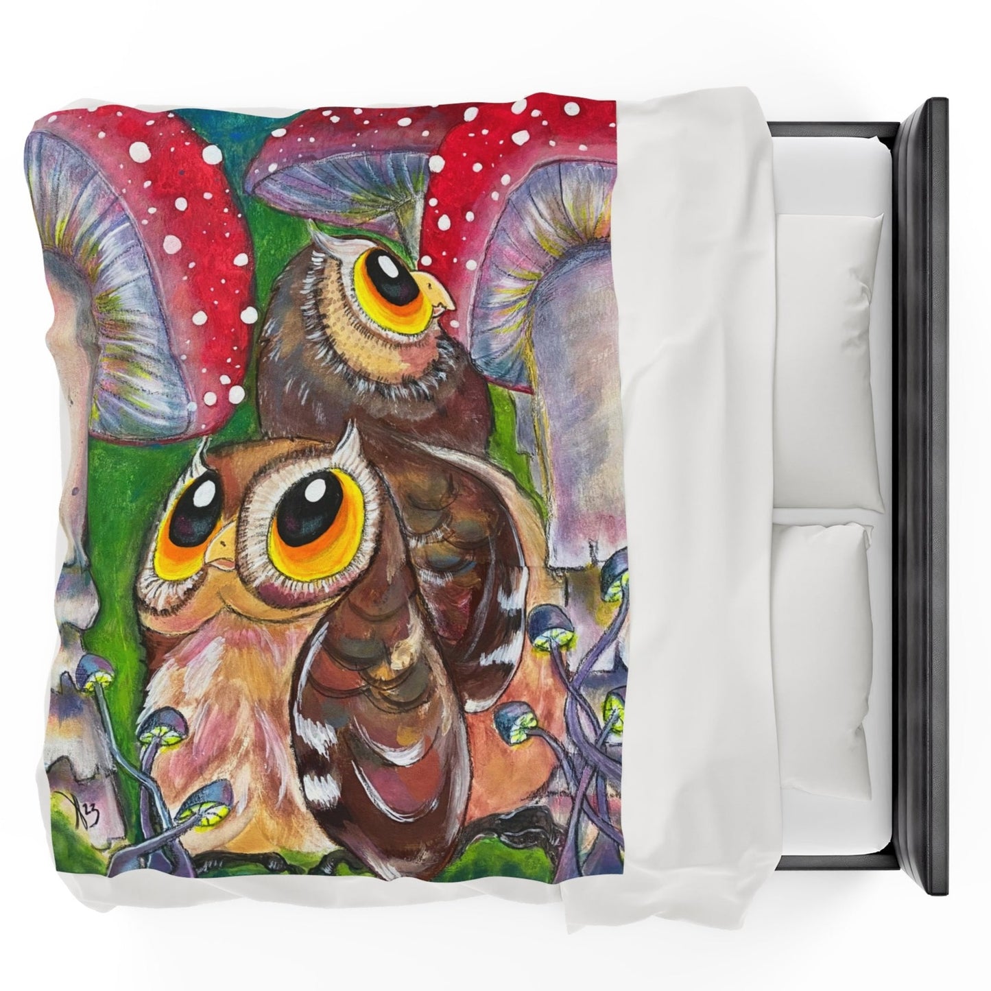 60x80 Velveteen blanket with a reproduction of the painting Lost in Shroomtasia by Mama Mosaic Artworks. View of two curious little owls with large beautiful yellow eyes taking in the sight of towering red cap mushrooms with white spots. Cottagecore naturecore whimsical whimsy aesthetic.