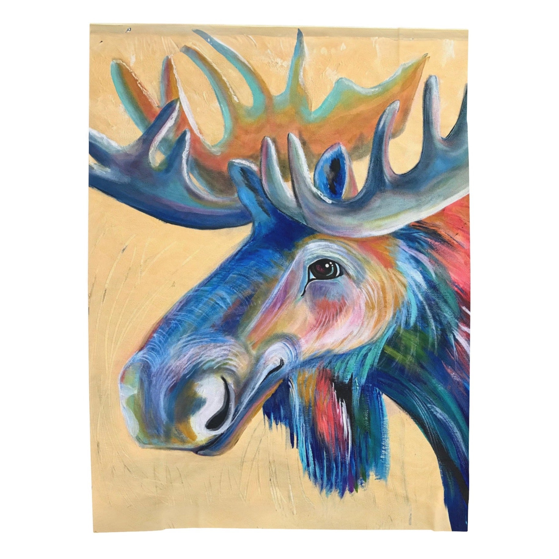 60x80 Blanket - Water Moose - Velveteen Plush Throw - from Mama Mosaic Artworks - Lodge Decor - Farmhouse Decor. This whimsical velveteen plush throw blanket is printed edge to edge in high detail using vibrant colors. It is reproduced from the original canvas painting, Water Moose, by Mama Mosaic Artworks. This soft blanket brings an instant aesthetic to any room. For those who love western art, moose, the northwest, the PNW, lodge decor, or who simply love this charming work of art .