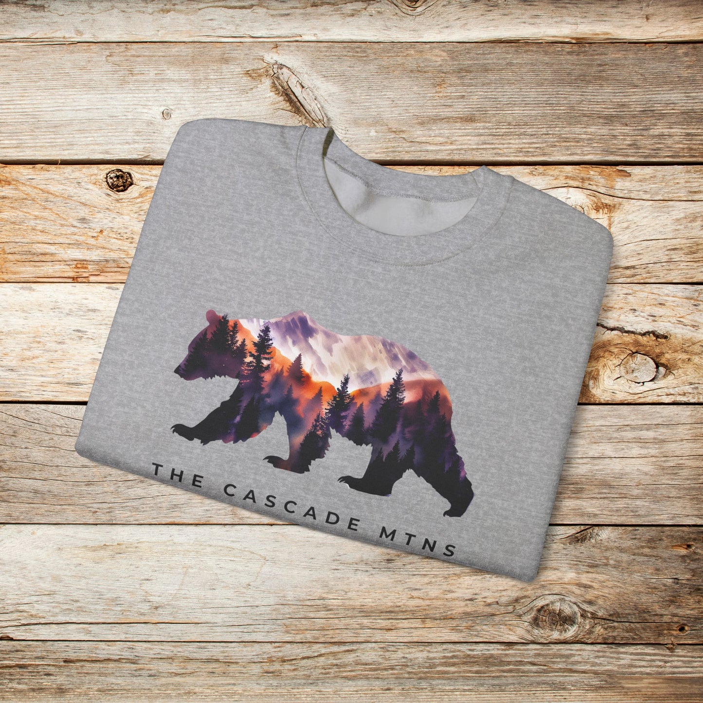 PNW Bearscape Unisex Crewneck Sweatshirt - The Cascade Mountain Range - Inclusive Sizes S to 5XL