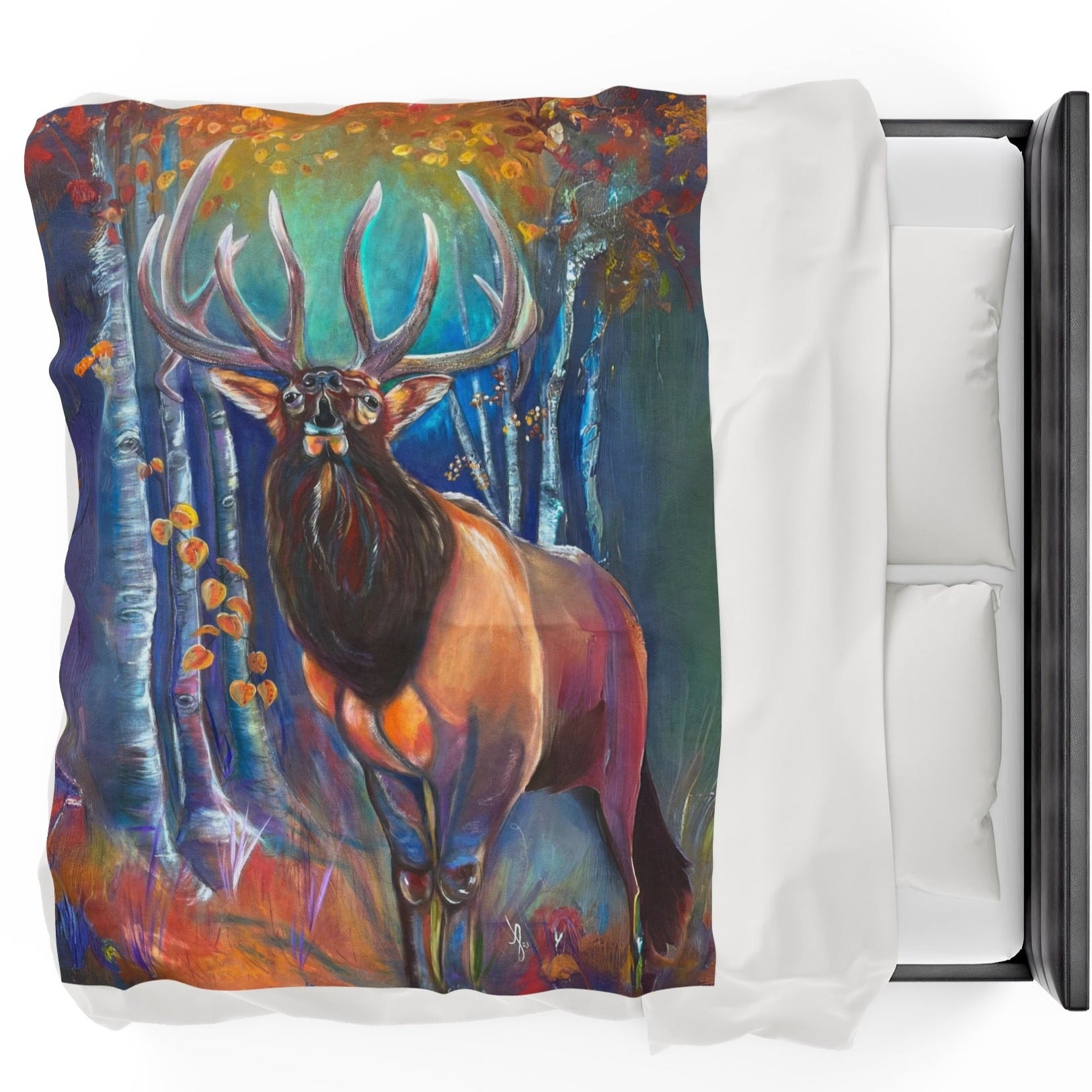 60x80 Blanket - Song of Autumn Elk - Velveteen Plush Throw Blanket - from Mama Mosaic Artworks - PNW Decor - Lodge Decor - Naturecore Art. This beautiful velveteen plush throw blanket is printed edge to edge in high detail using vibrant colors. It is reproduced from the original canvas painting, Song of Autumn, by Mama Mosaic Artworks. For those who love western home decor, elk, the Cascade Mountain Range, the pacific northwest, or who simply love this enchanting work of art.